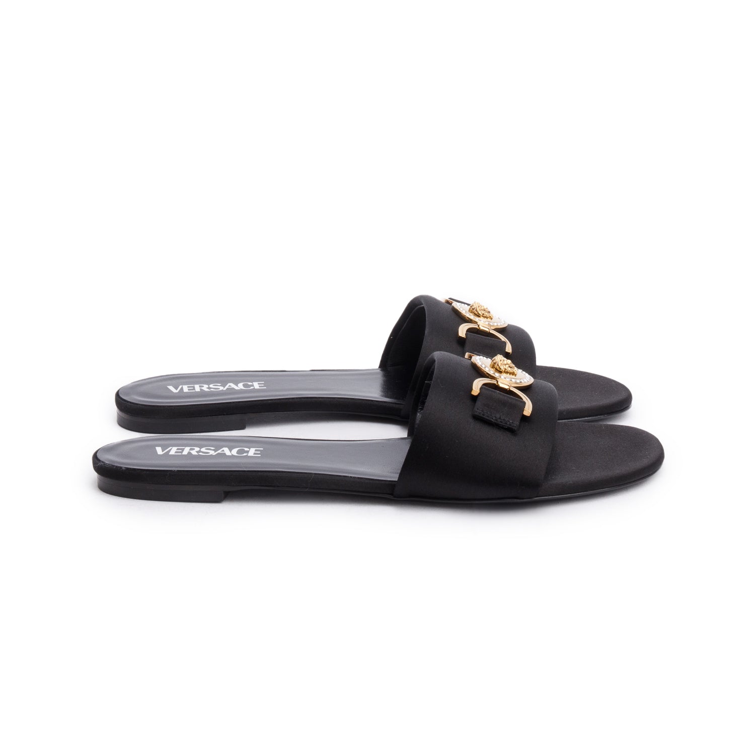 Versace Black Satin La Medusa Mule Sandals, Size 40 w/ Box & Receipt