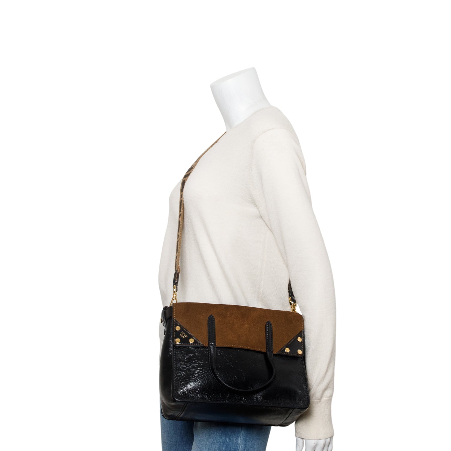 Fendi Black Leather Brown Suede FF Small Flip Bag