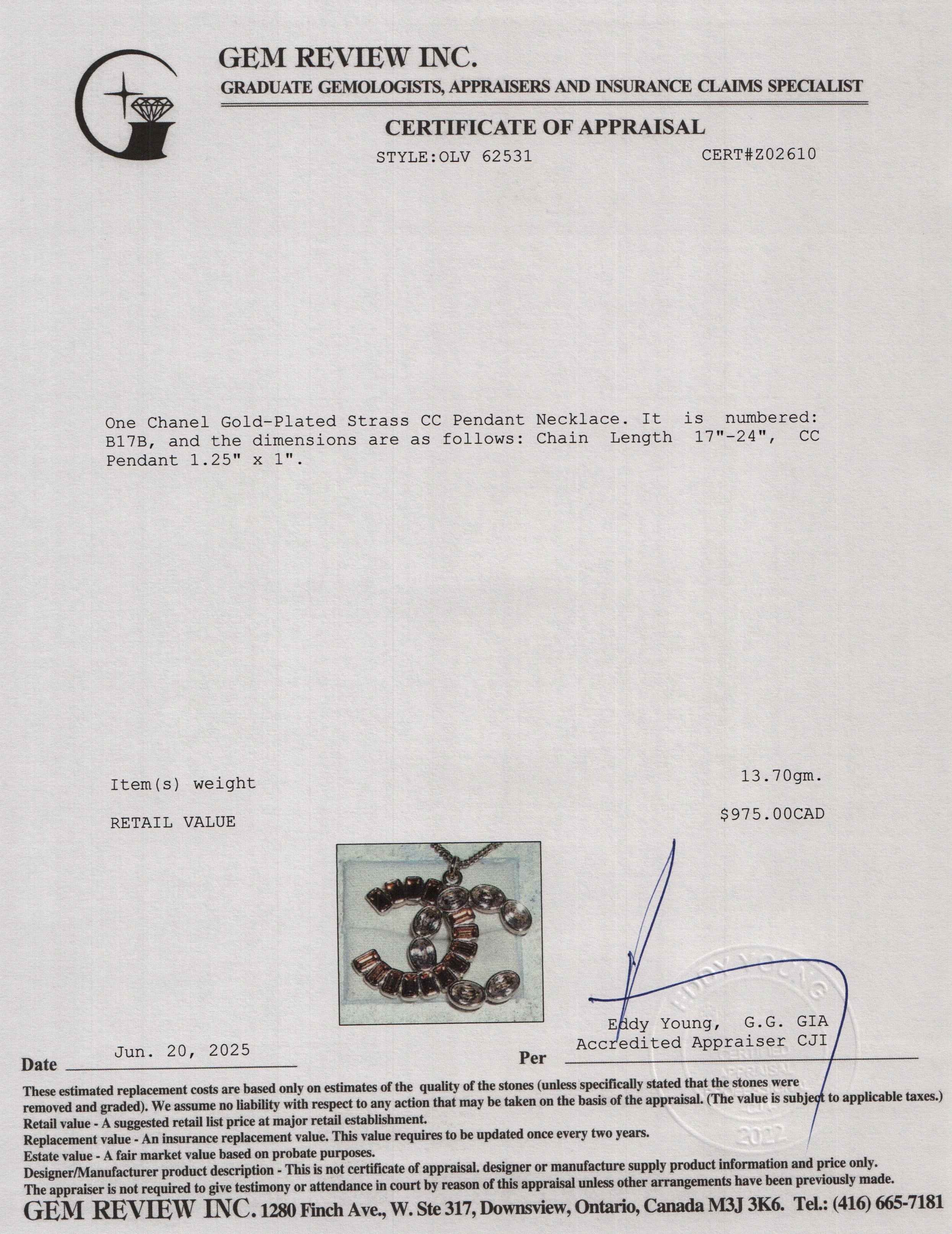 Chanel Gold-Plated Strass CC Pendant Necklace w/ Box