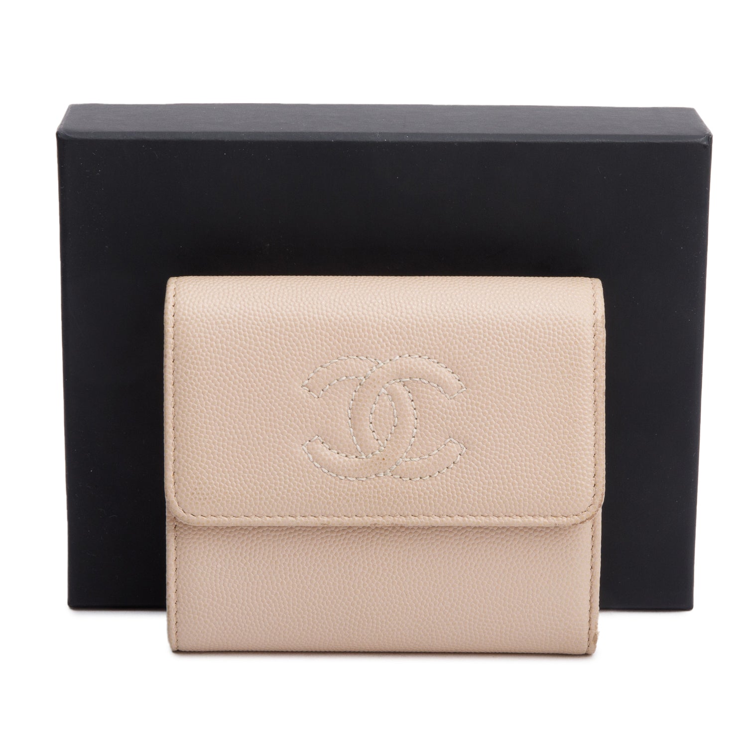 Chanel Beige Caviar Leather Timeless Trifold Compact Wallet w/ Box & Authenticity Card