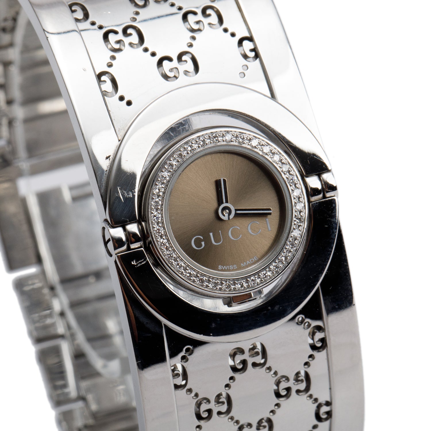 Gucci Stainless Steel Diamond Bezel Twirl 23 MM Quartz Watch Brown Dial w/ Box & Papers