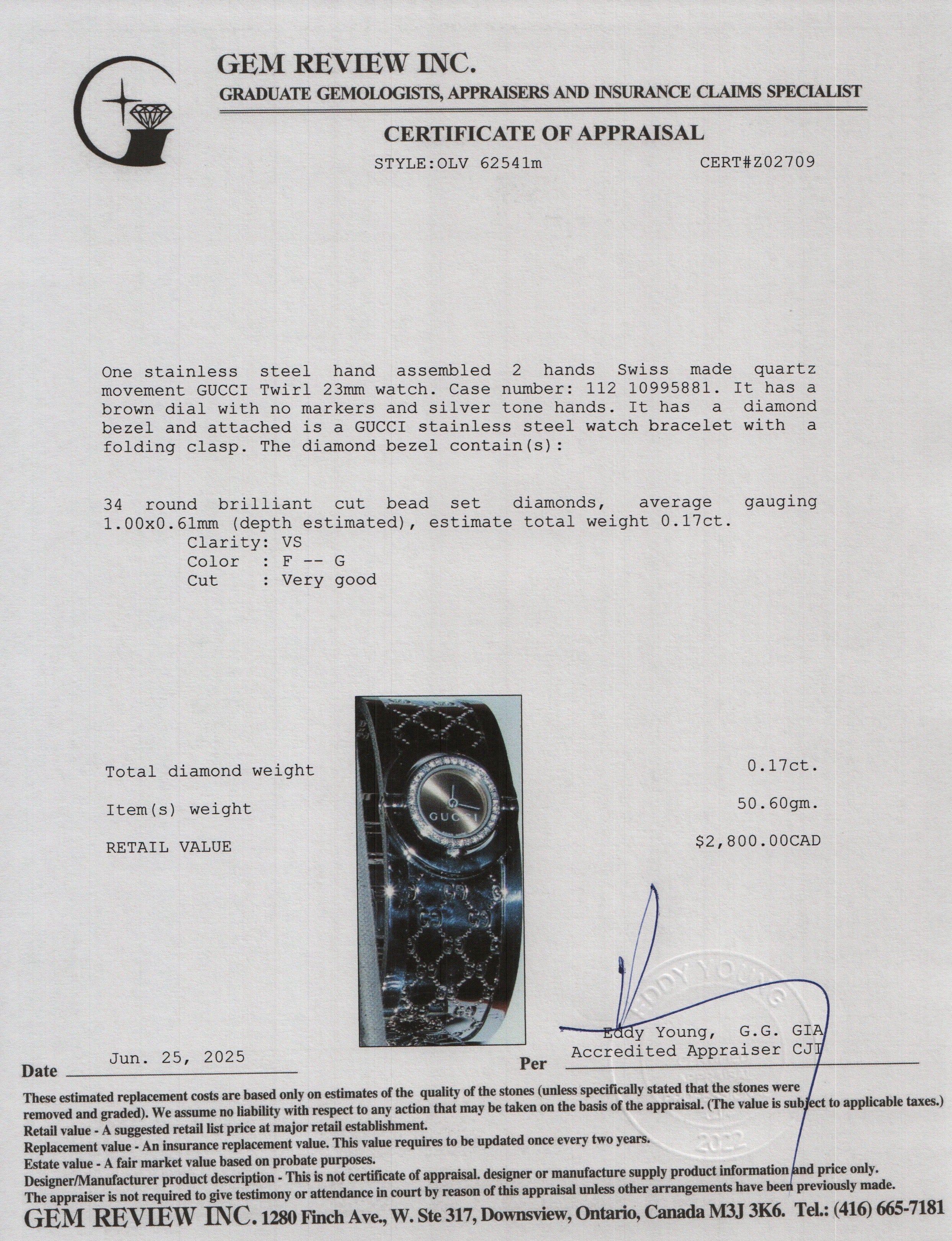 Gucci Stainless Steel Diamond Bezel Twirl 23 MM Quartz Watch Brown Dial w/ Box & Papers