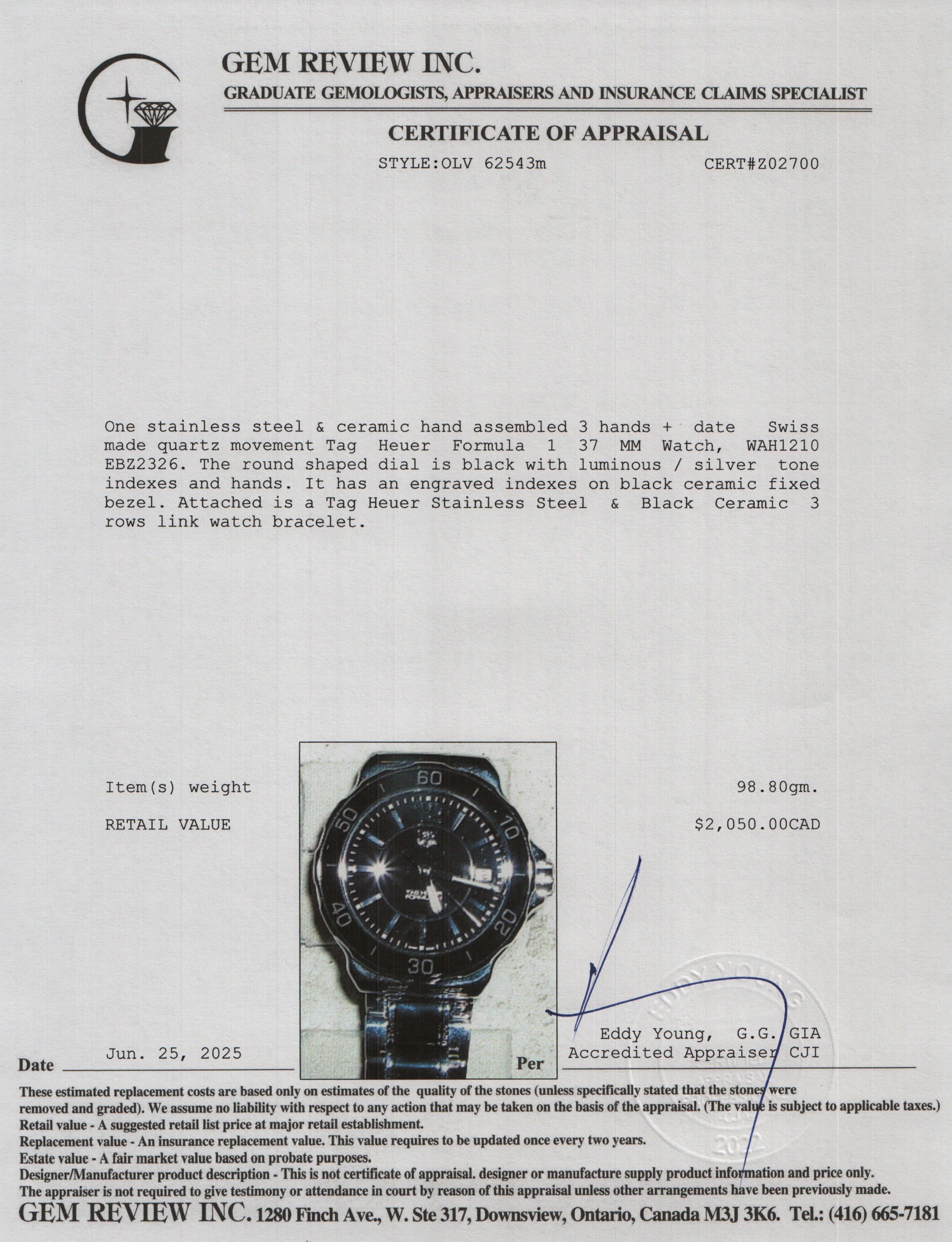 Tag Heuer Stainless Steel & Black Ceramic Formula 1 37 MM Quartz Watch WAH1210