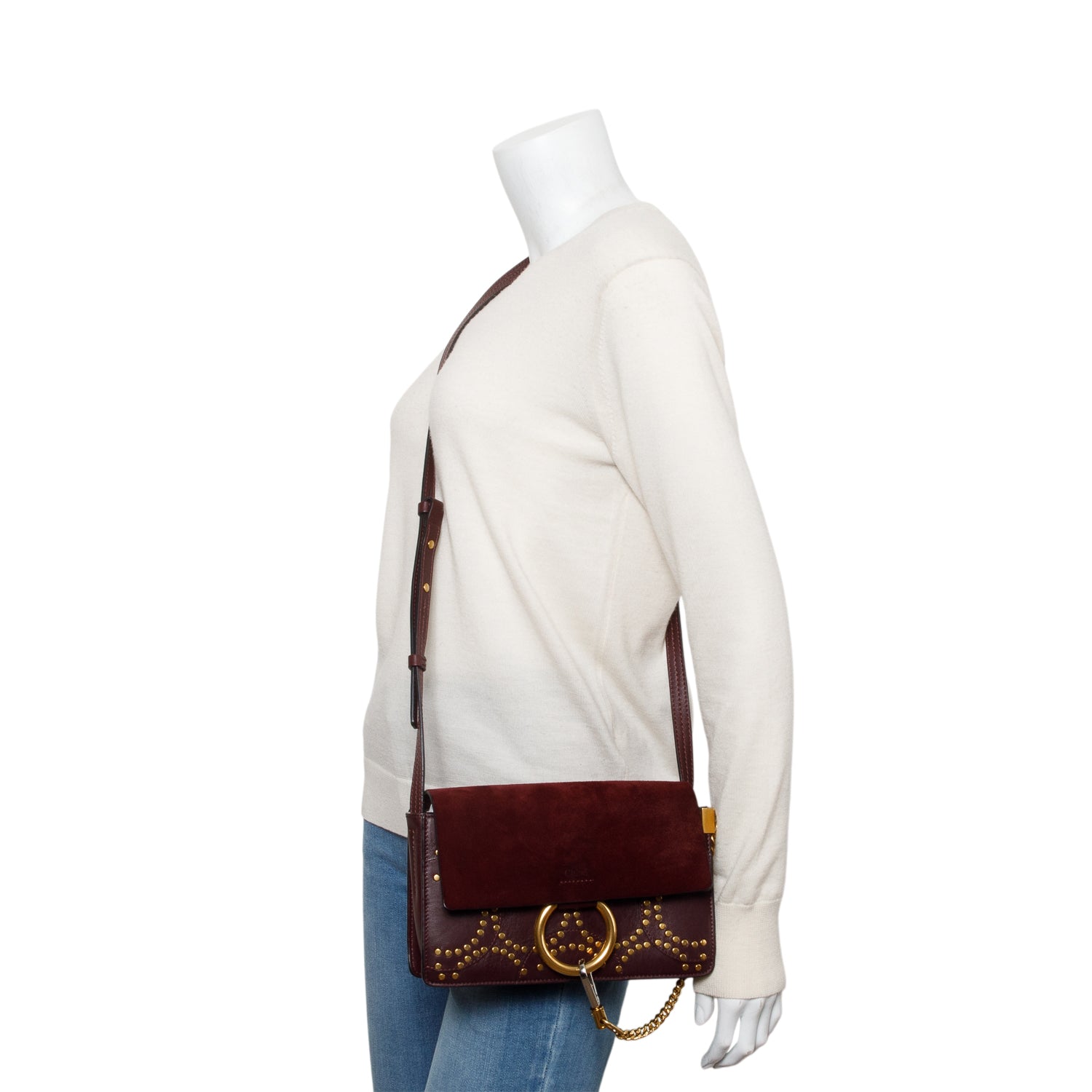 Chloe Burgundy Suede & Calfskin Leather Studded Small Faye Shoulder Bag