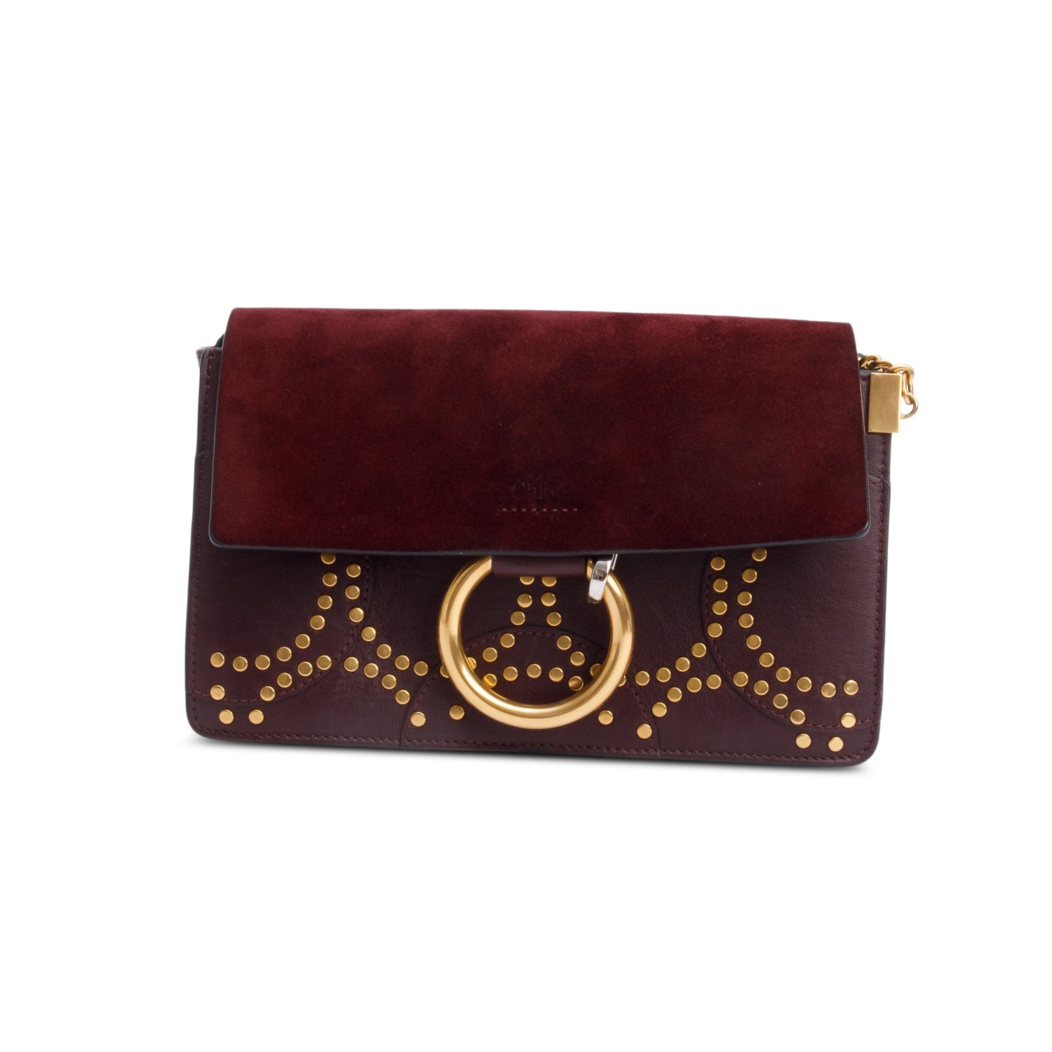 Chloe Burgundy Suede & Calfskin Leather Studded Small Faye Shoulder Bag