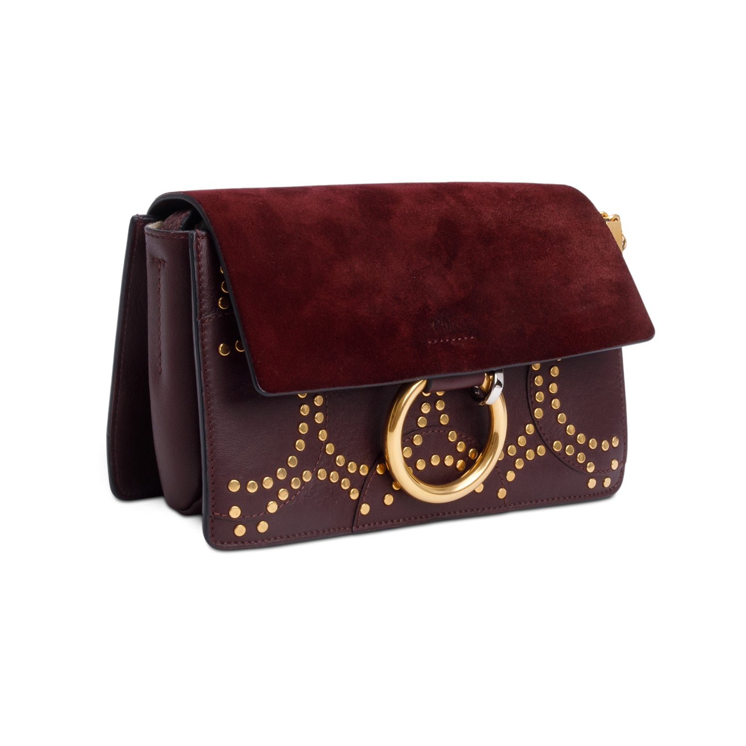Chloe Burgundy Suede & Calfskin Leather Studded Small Faye Shoulder Bag