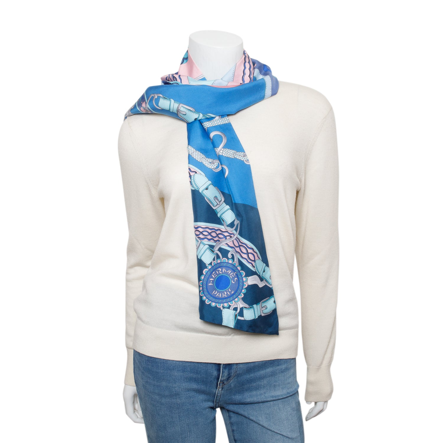 Hermes Blue/Multicolor Maxi Twilly Long Silk Scarf w/ Box