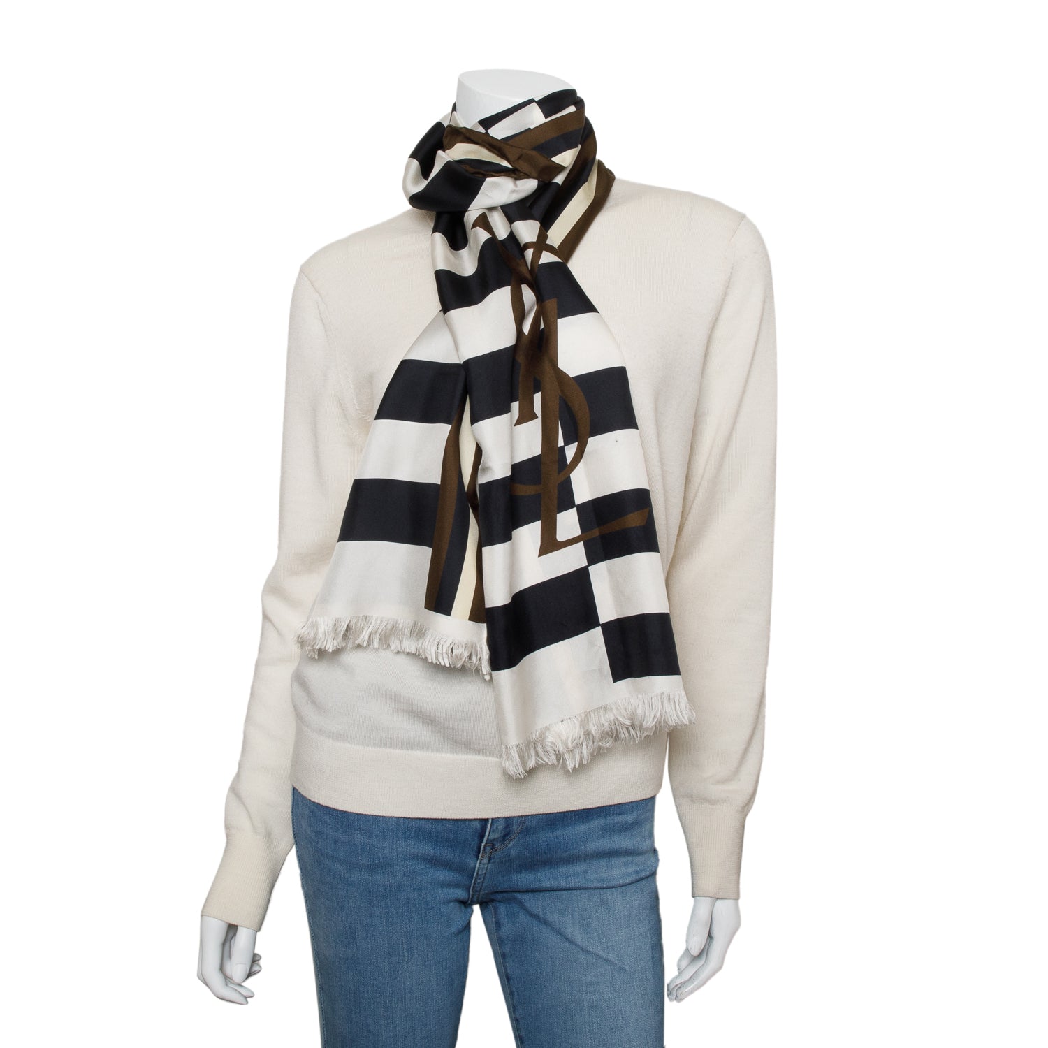 Saint Laurent Black/Brown/White Logo Striped Print Silk Scarf