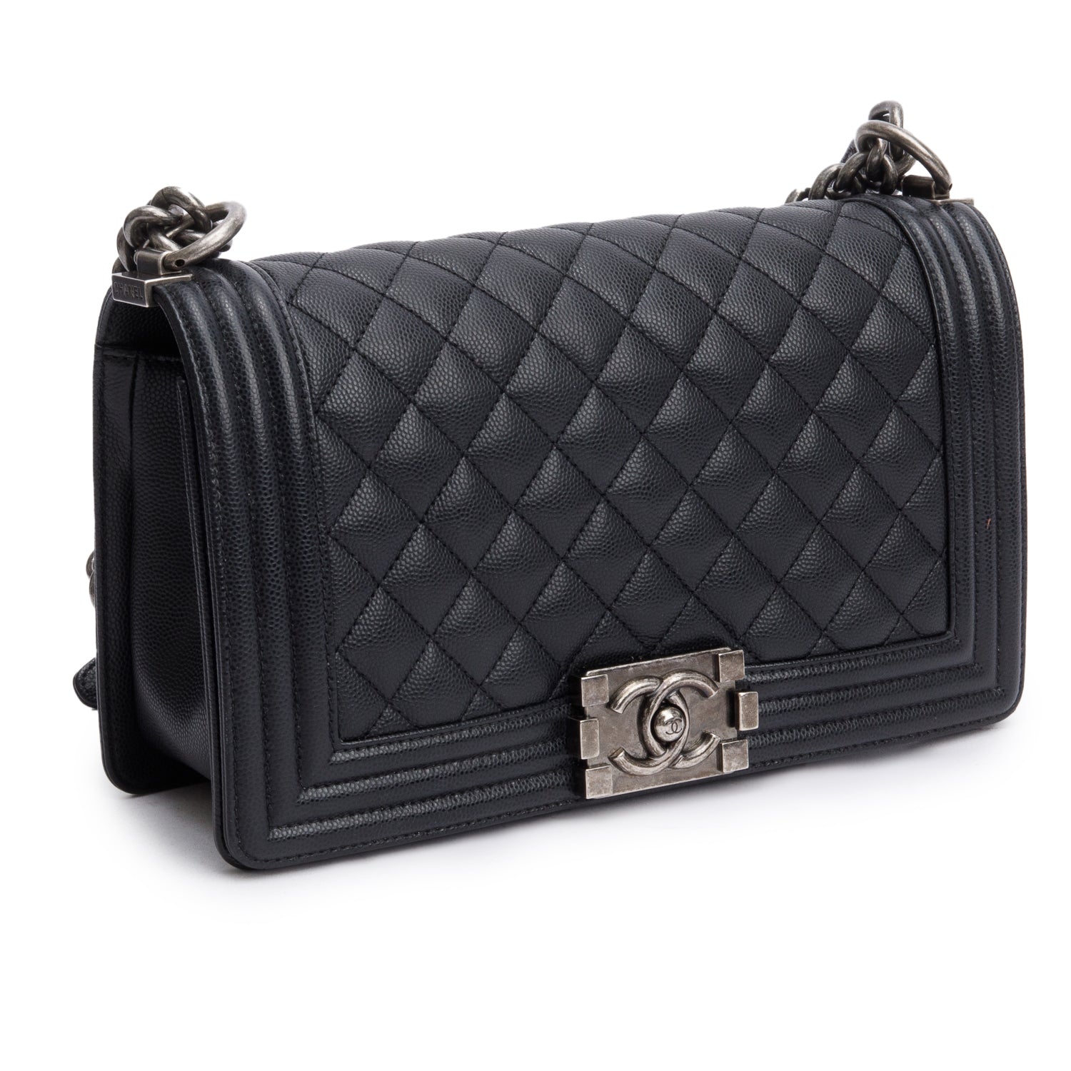 Chanel Black Quilted Caviar Leather Medium Boy Bag w/ Box