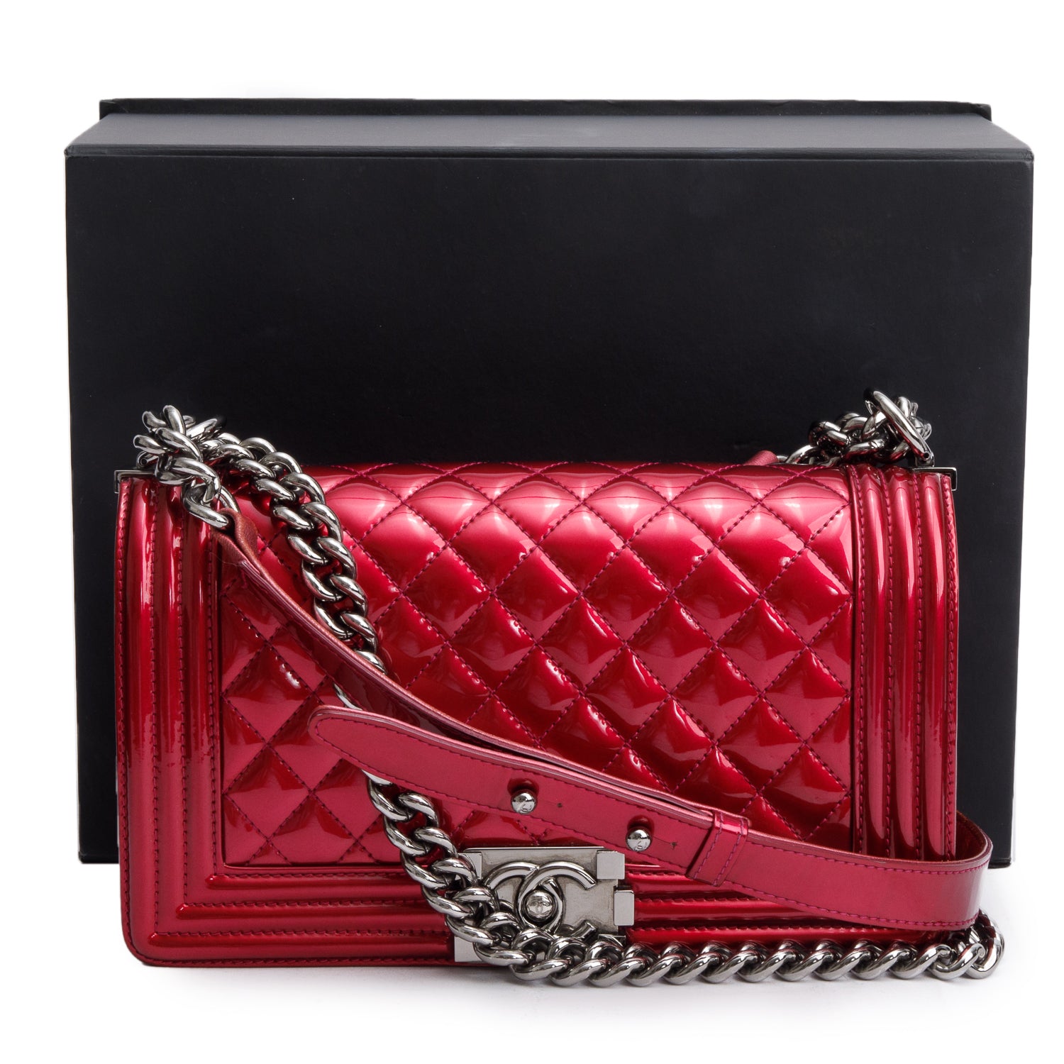 Chanel Red Patent Leather Medium Boy Bag w/ Box & Authenticity Card