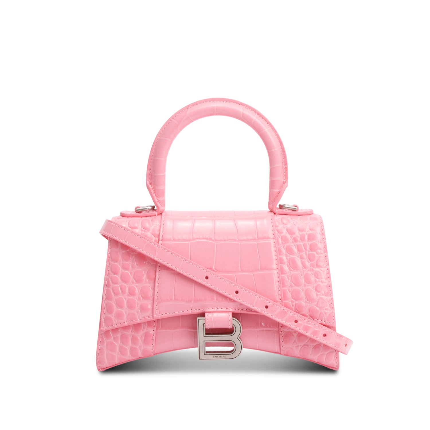 Balenciaga Pink Croc-Embossed Leather XS Hourglass Top Handle Bag w/ Strap