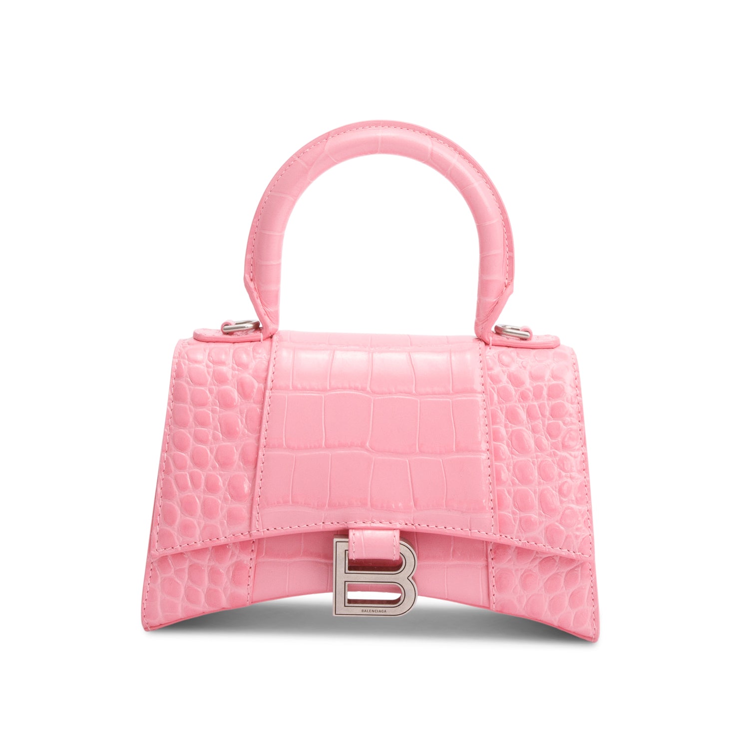 Balenciaga Pink Croc-Embossed Leather XS Hourglass Top Handle Bag w/ Strap