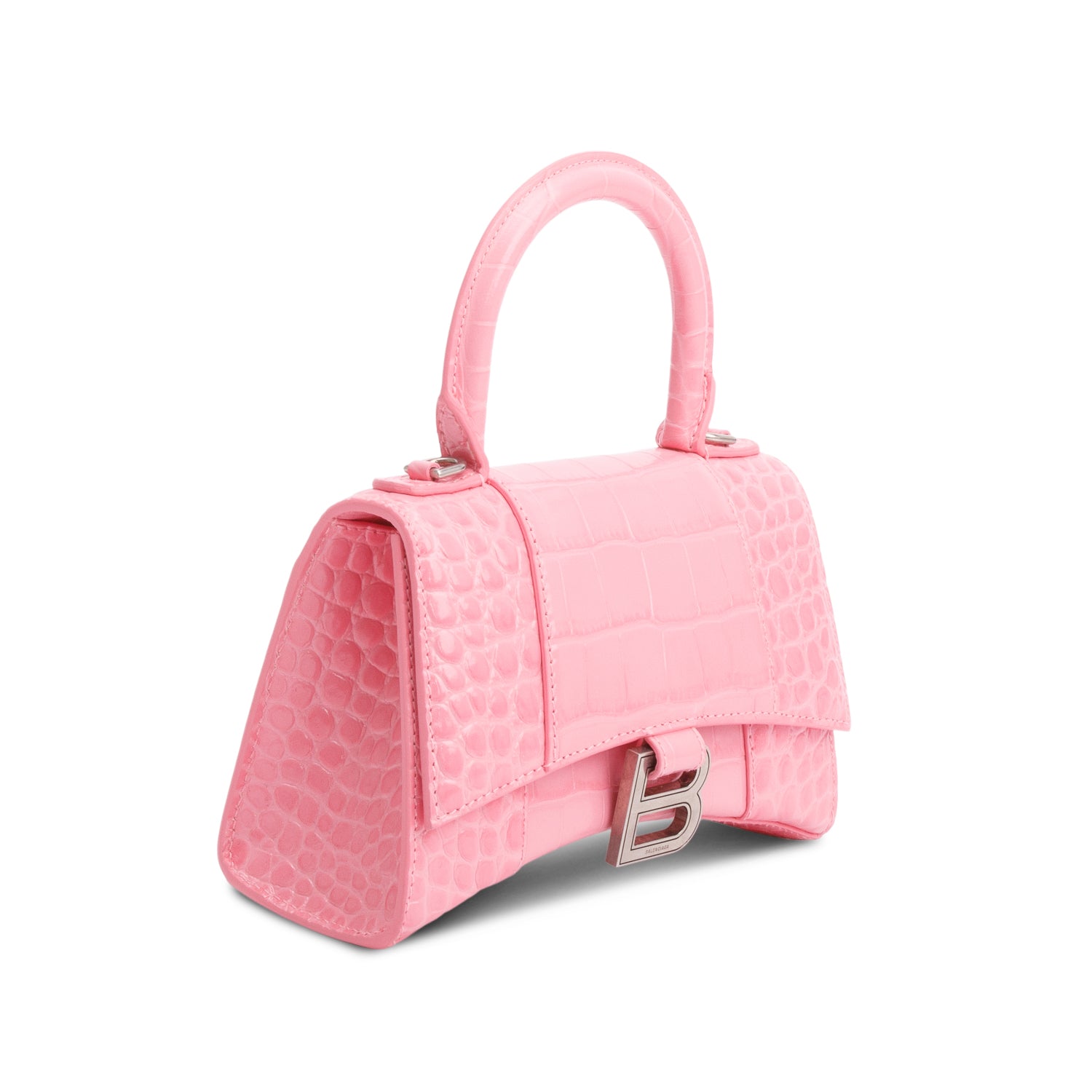 Balenciaga Pink Croc-Embossed Leather XS Hourglass Top Handle Bag w/ Strap