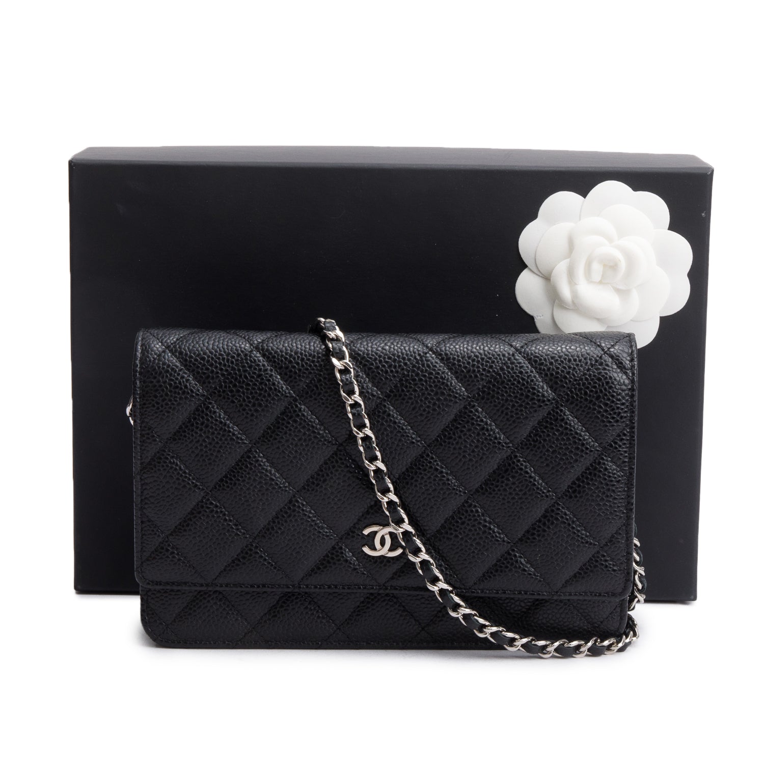 Chanel Black Quilted Caviar Leather Classic Wallet on Chain w/ Box, Receipt & Authenticity Card