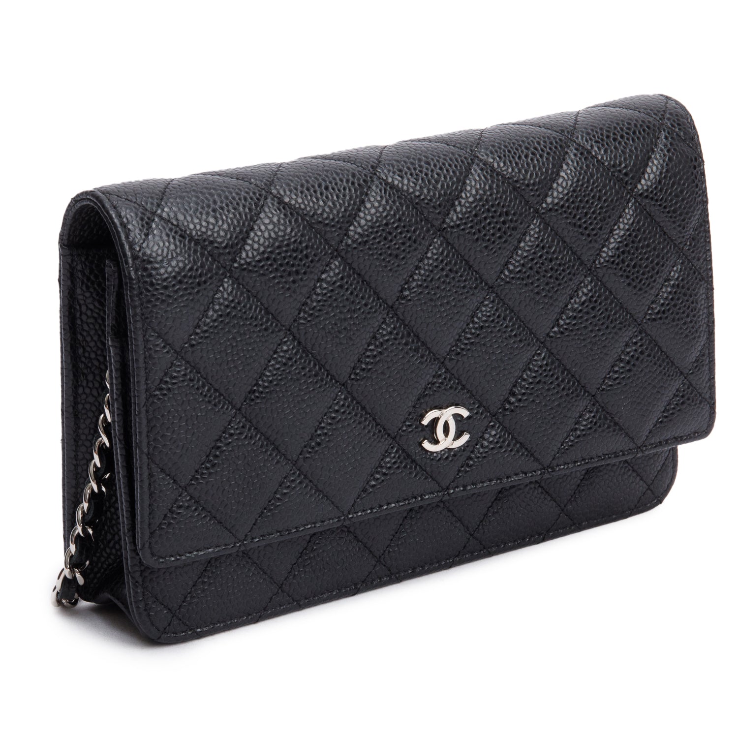 Chanel Black Quilted Caviar Leather Classic Wallet on Chain w/ Box, Receipt & Authenticity Card