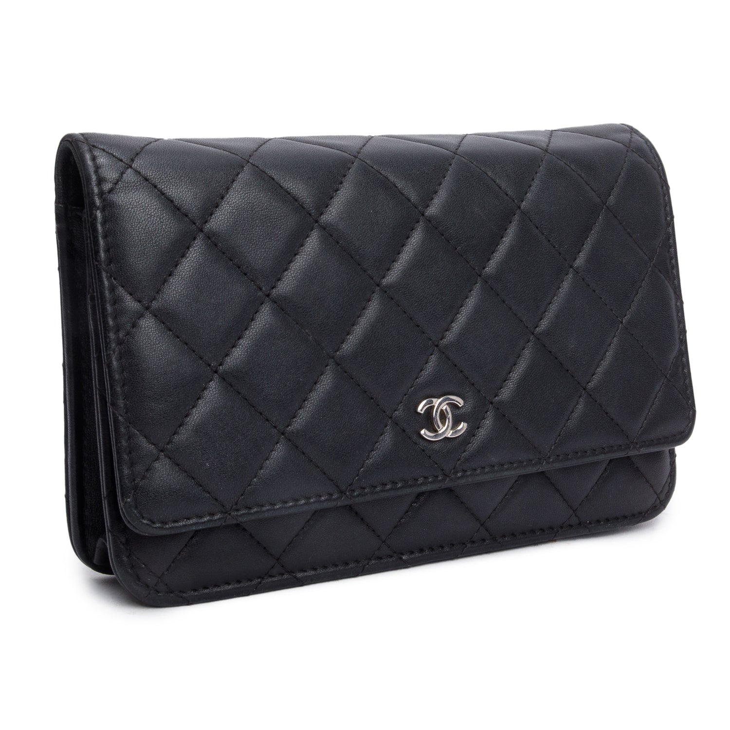 Chanel 2021 Black Quilted Lambskin Leather Classic Wallet on Chain w/ Receipt