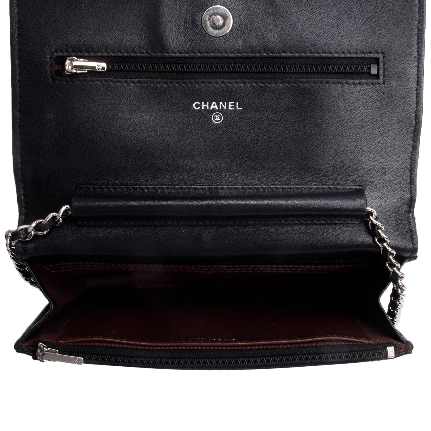 Chanel 2021 Black Quilted Lambskin Leather Classic Wallet on Chain w/ Receipt