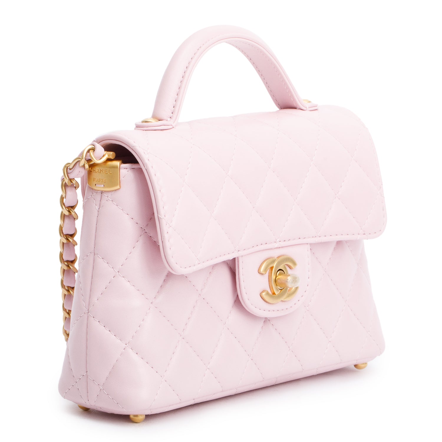 Chanel Pink Quilted Lambskin Leather Mini Top Handle Flap Bag