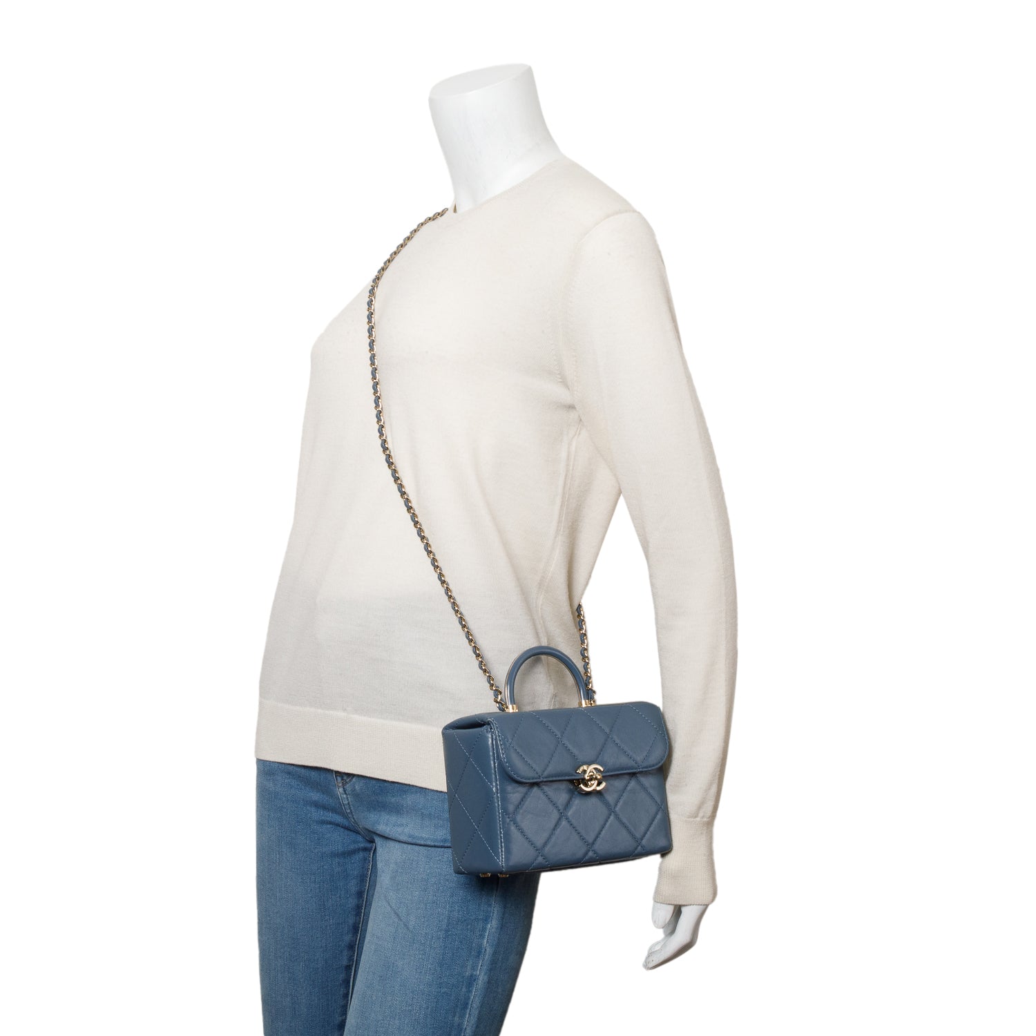 Chanel 2023 Blue Quilted Lambskin Leather Vanity Top Handle Bag w/ Receipt