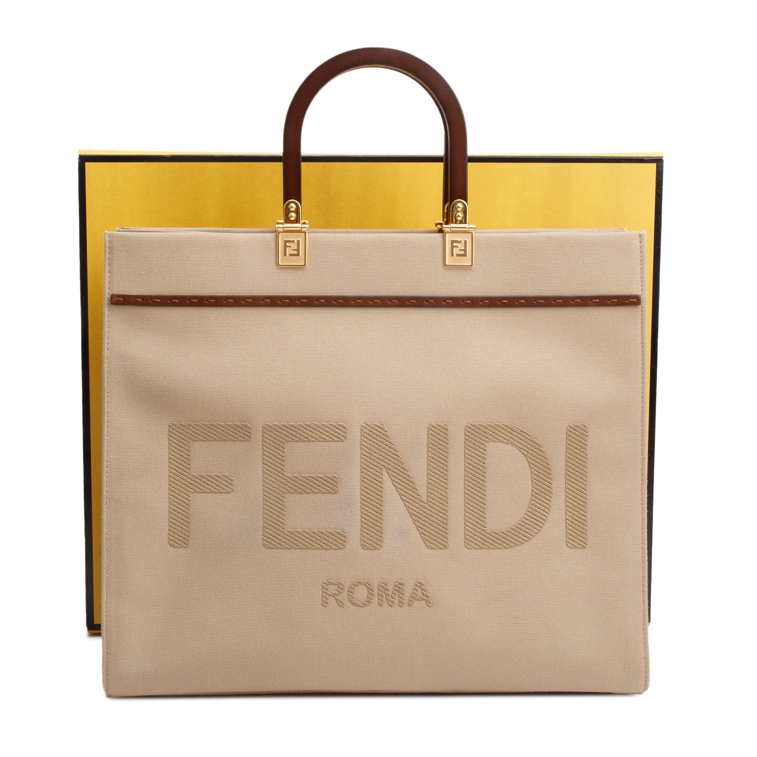 Fendi Neutral Canvas Medium Sunshine Tote Bag w/ Box