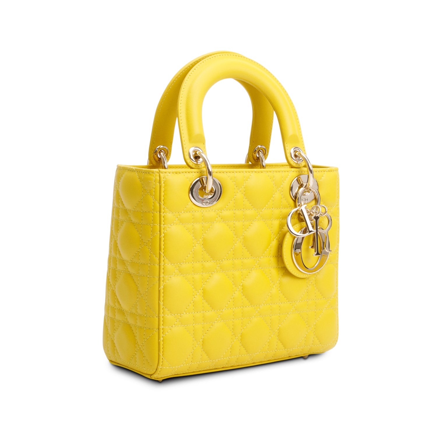 Christian Dior Yellow Cannage Lambskin Leather Small Lady Dior My ABCDior Bag w/ Strap