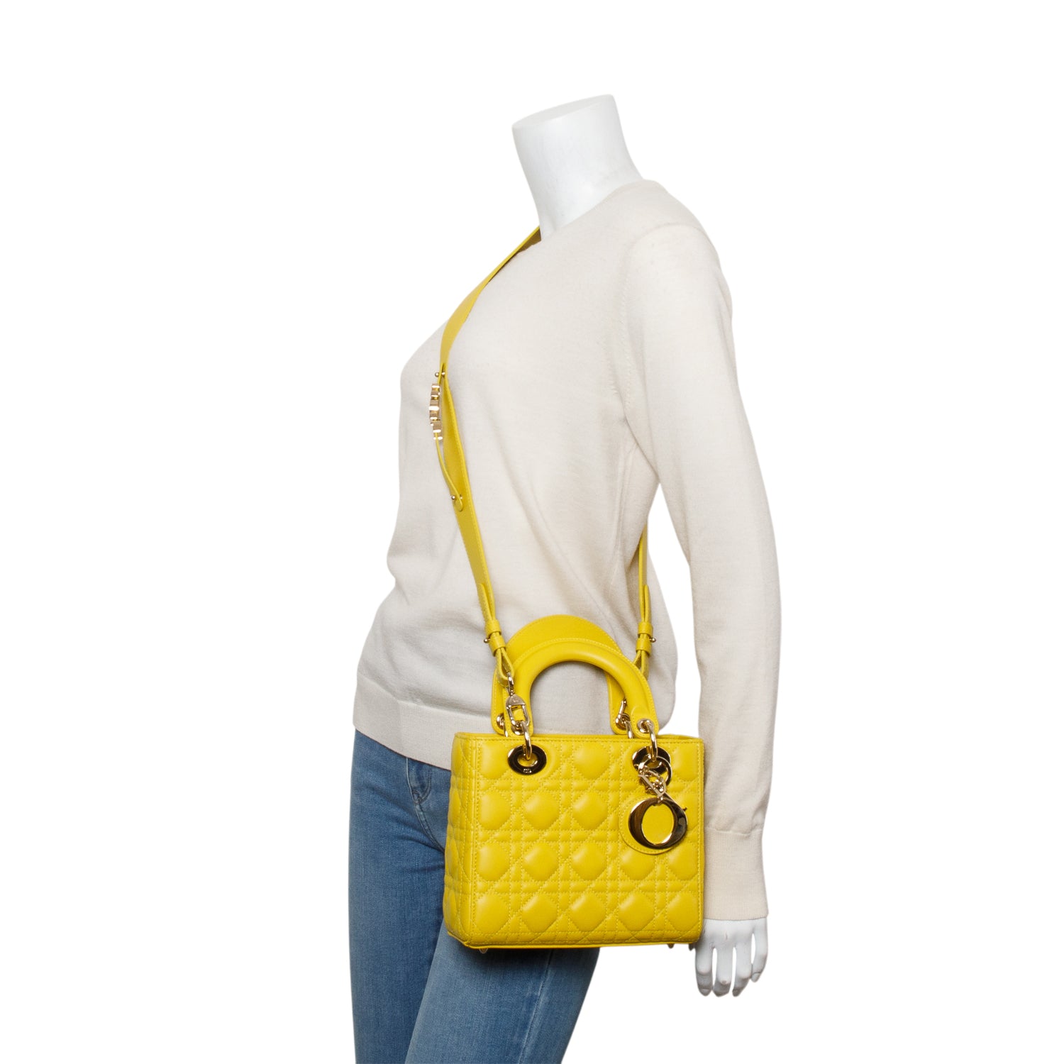 Christian Dior Yellow Cannage Lambskin Leather Small Lady Dior My ABCDior Bag w/ Strap