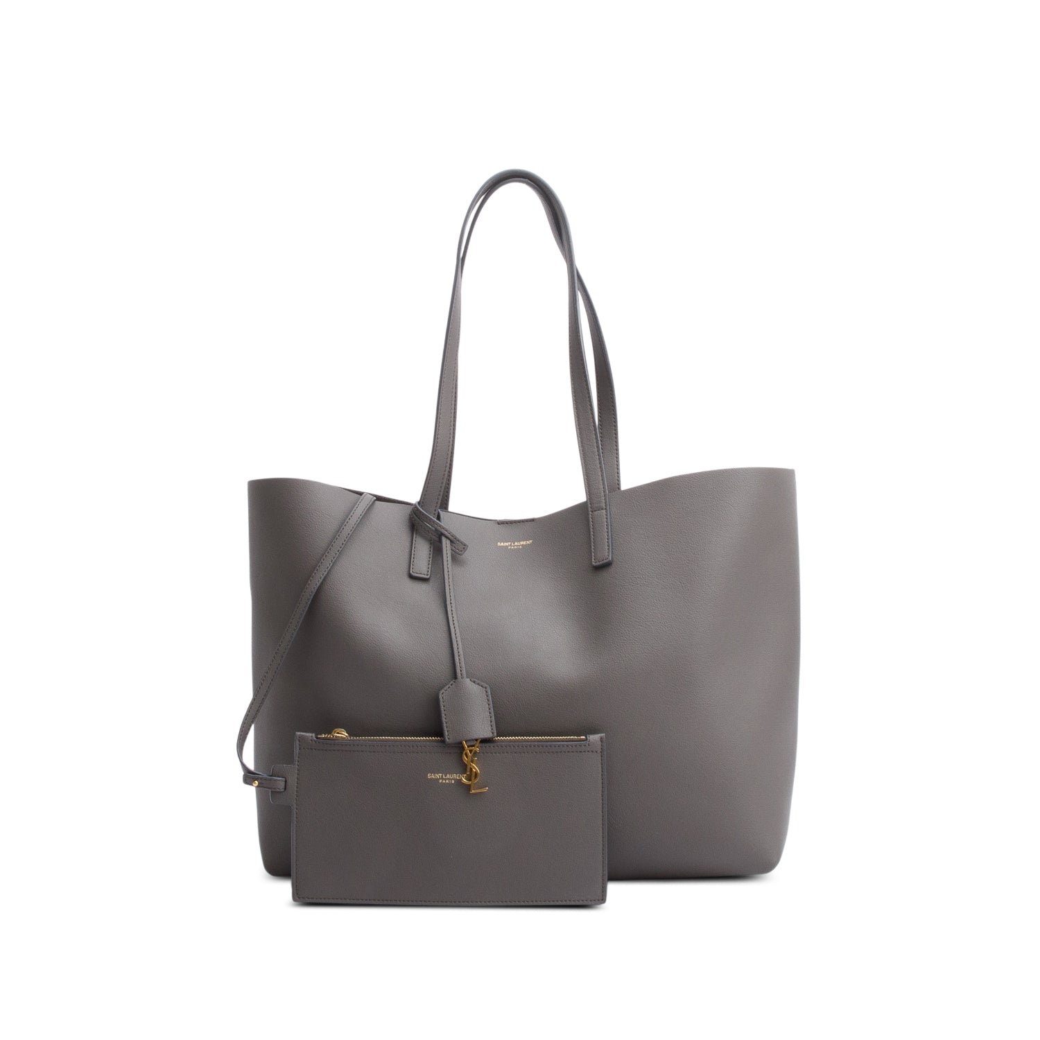 Saint Laurent Grey Leather Large E/W Shopping Tote w/ Pouch