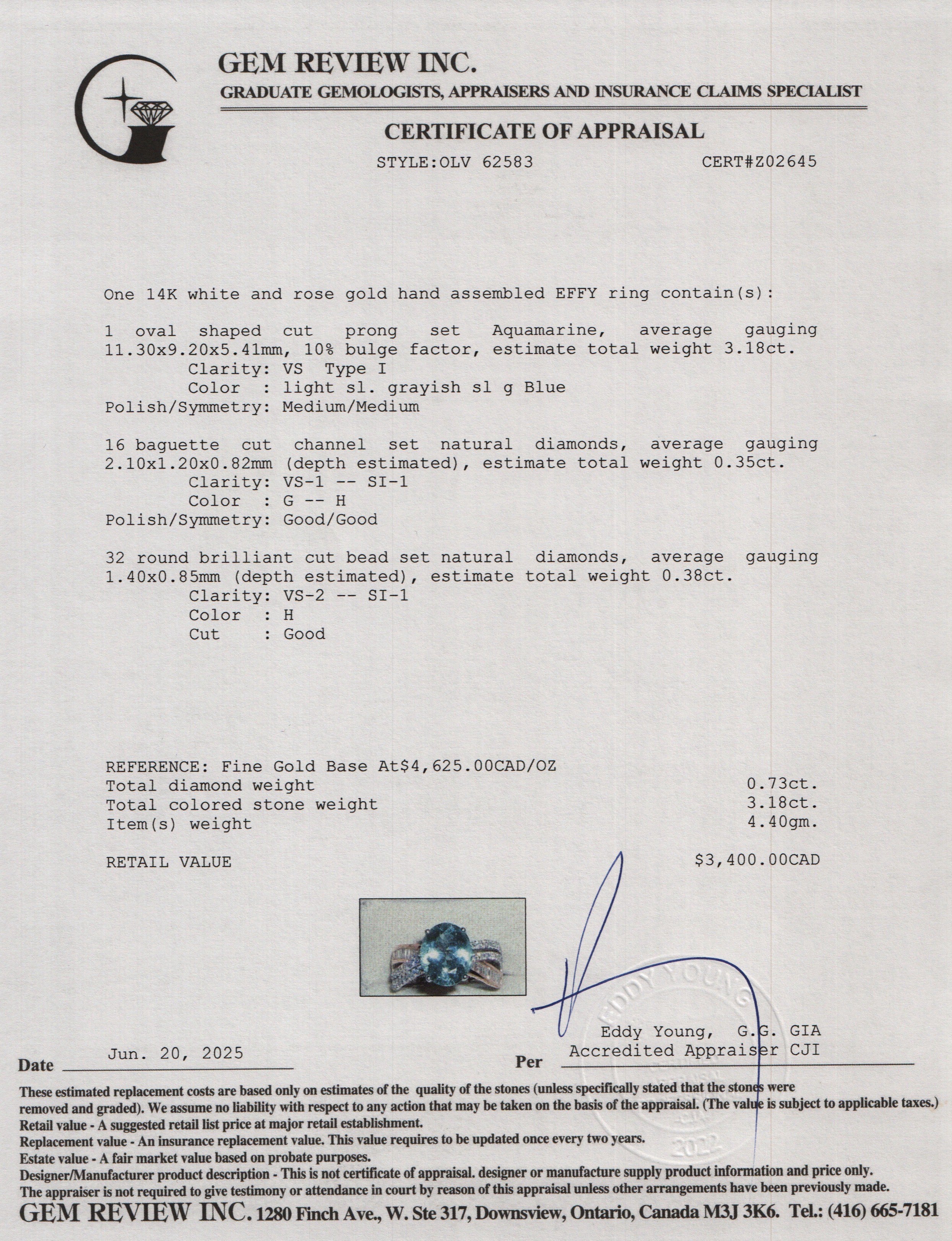 Effy 14k White & Rose Gold Aquamarine & Diamond Ring, Size 7