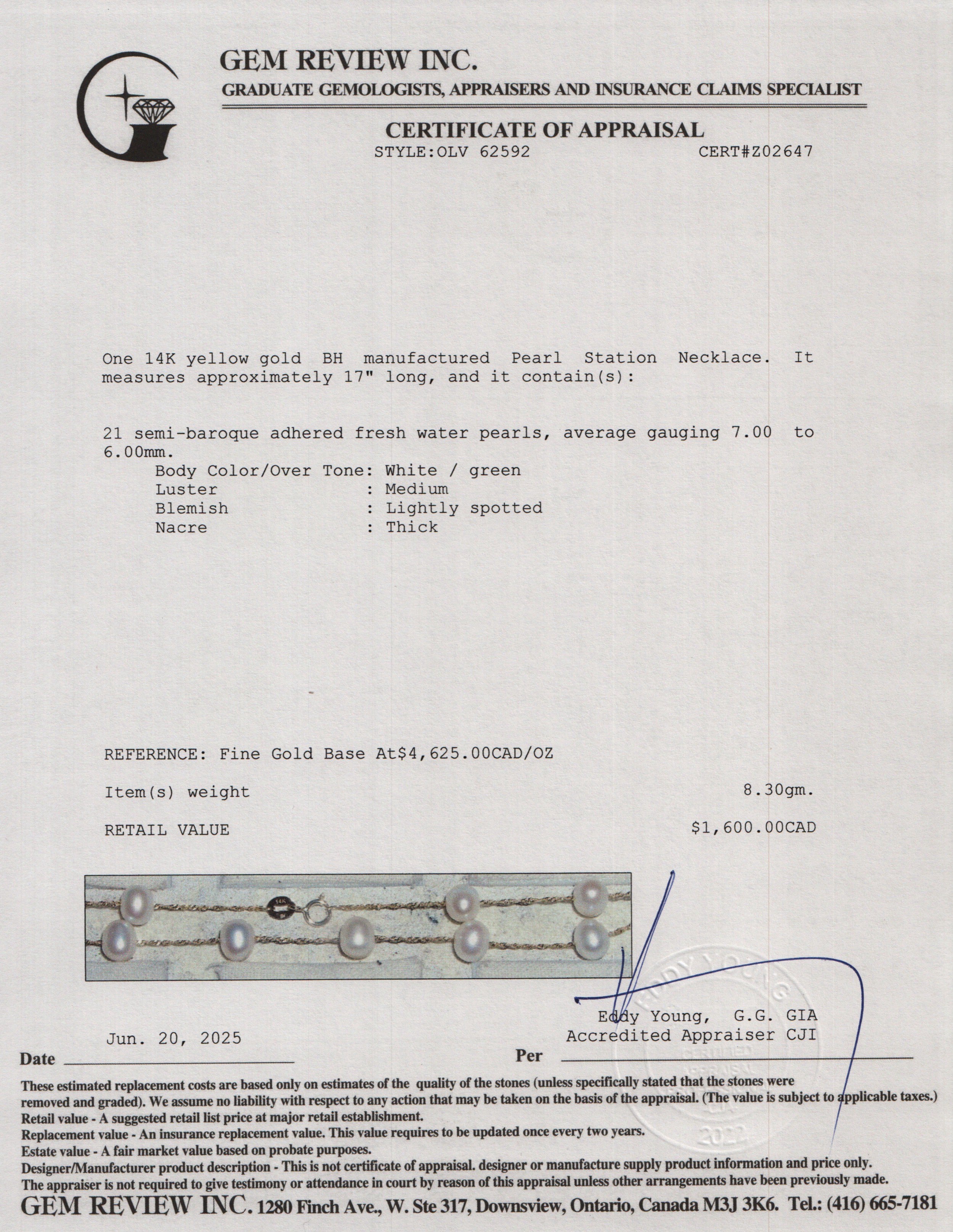 Effy 14k Yellow Gold Fresh Water Pearl Necklace w/ Box