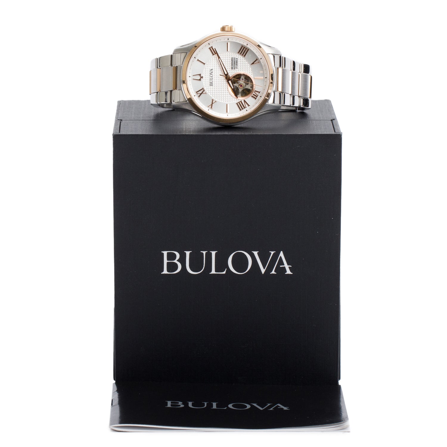 Bulova Stainless Steel & Rose Gold Plated Wilton 42 MM Automatic Watch 98A213 w/ Box & Papers