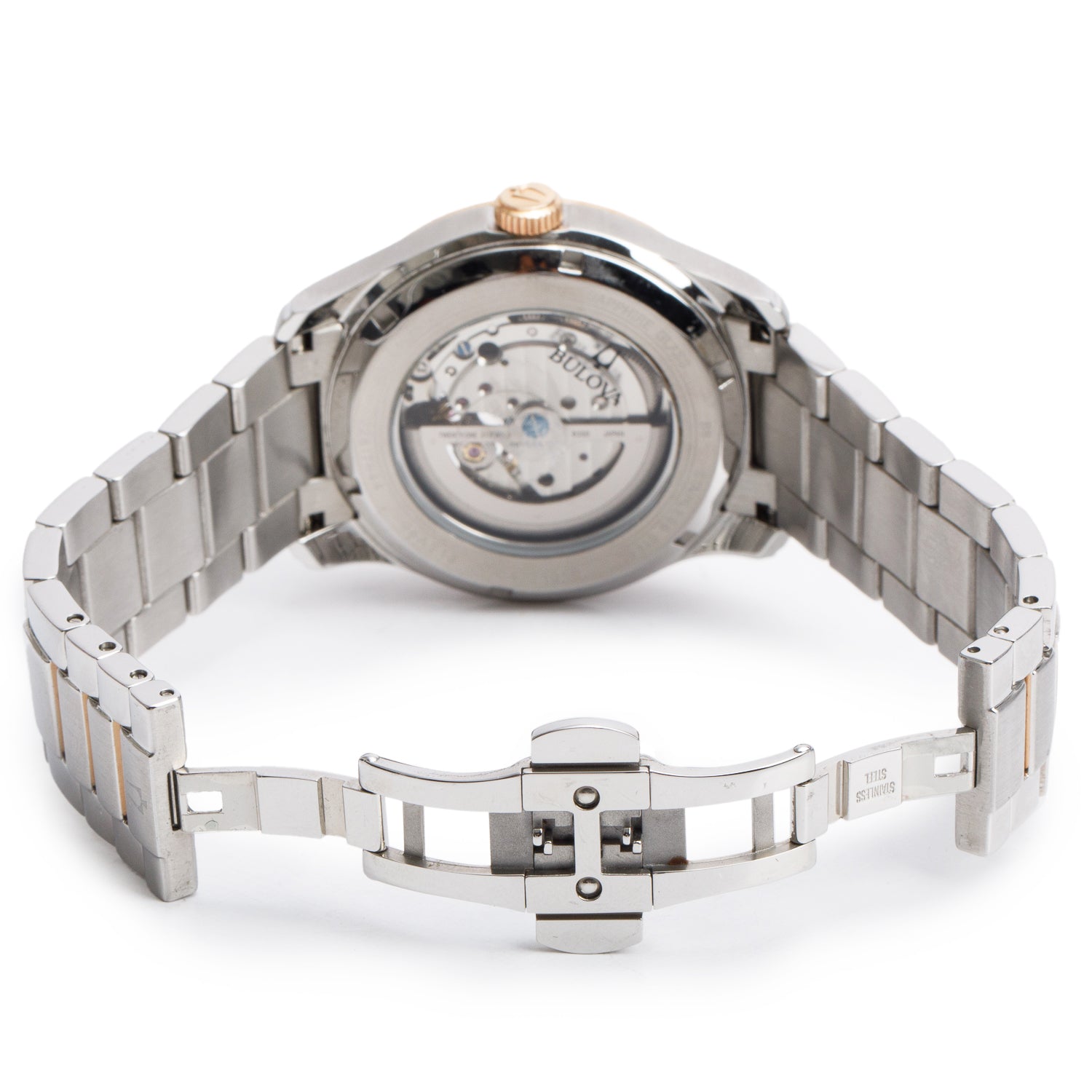 Bulova Stainless Steel & Rose Gold Plated Wilton 42 MM Automatic Watch 98A213 w/ Box & Papers