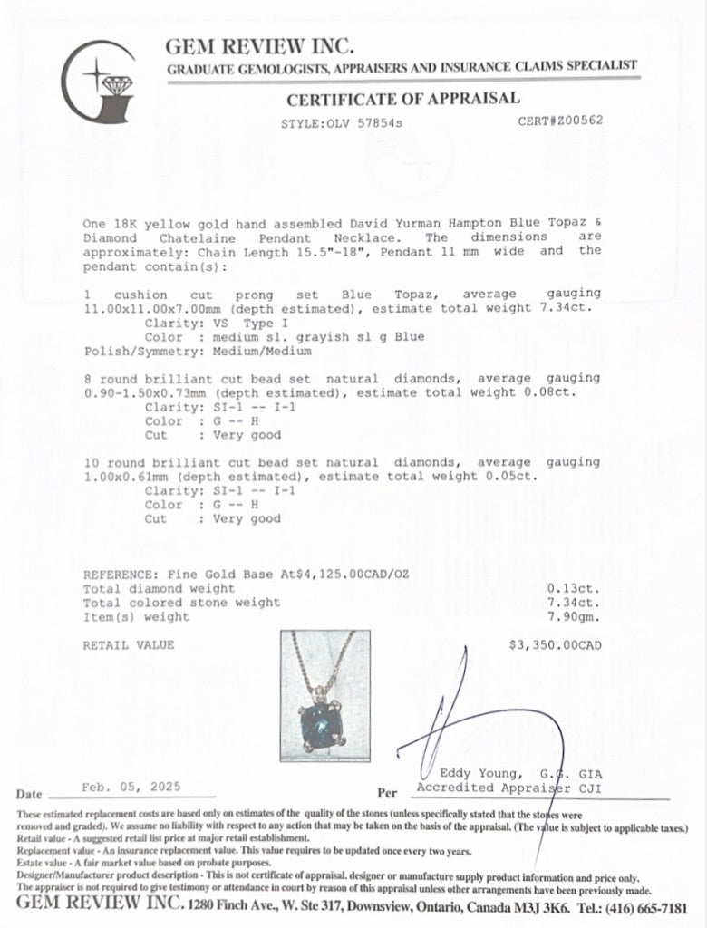 David Yurman 18k Yellow Gold Hampton Blue Topaz & Diamond Chatelaine Pendant Necklace w/ Box & Receipt