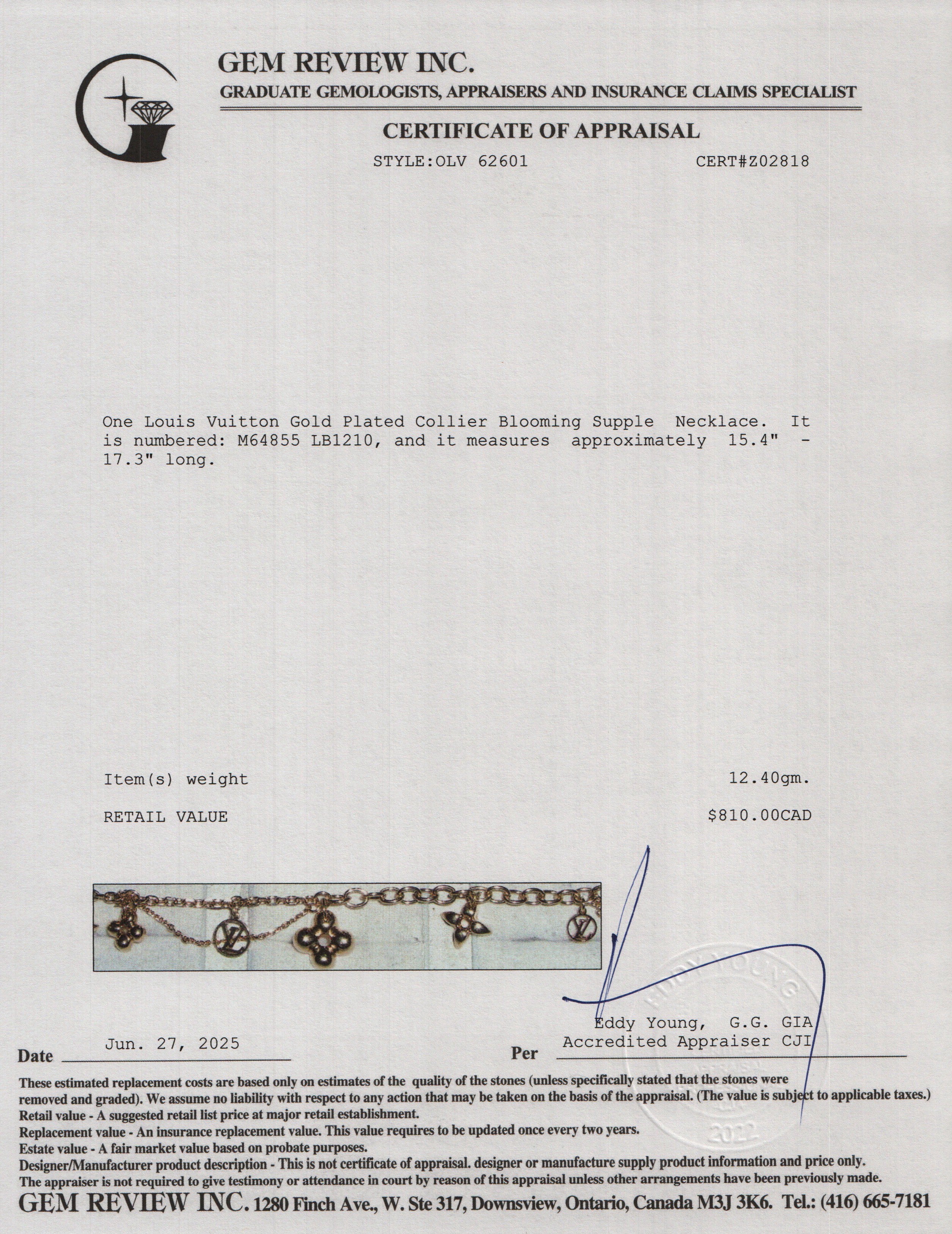 Louis Vuitton Gold Plated Collier Blooming Supple Necklace w/ Receipt