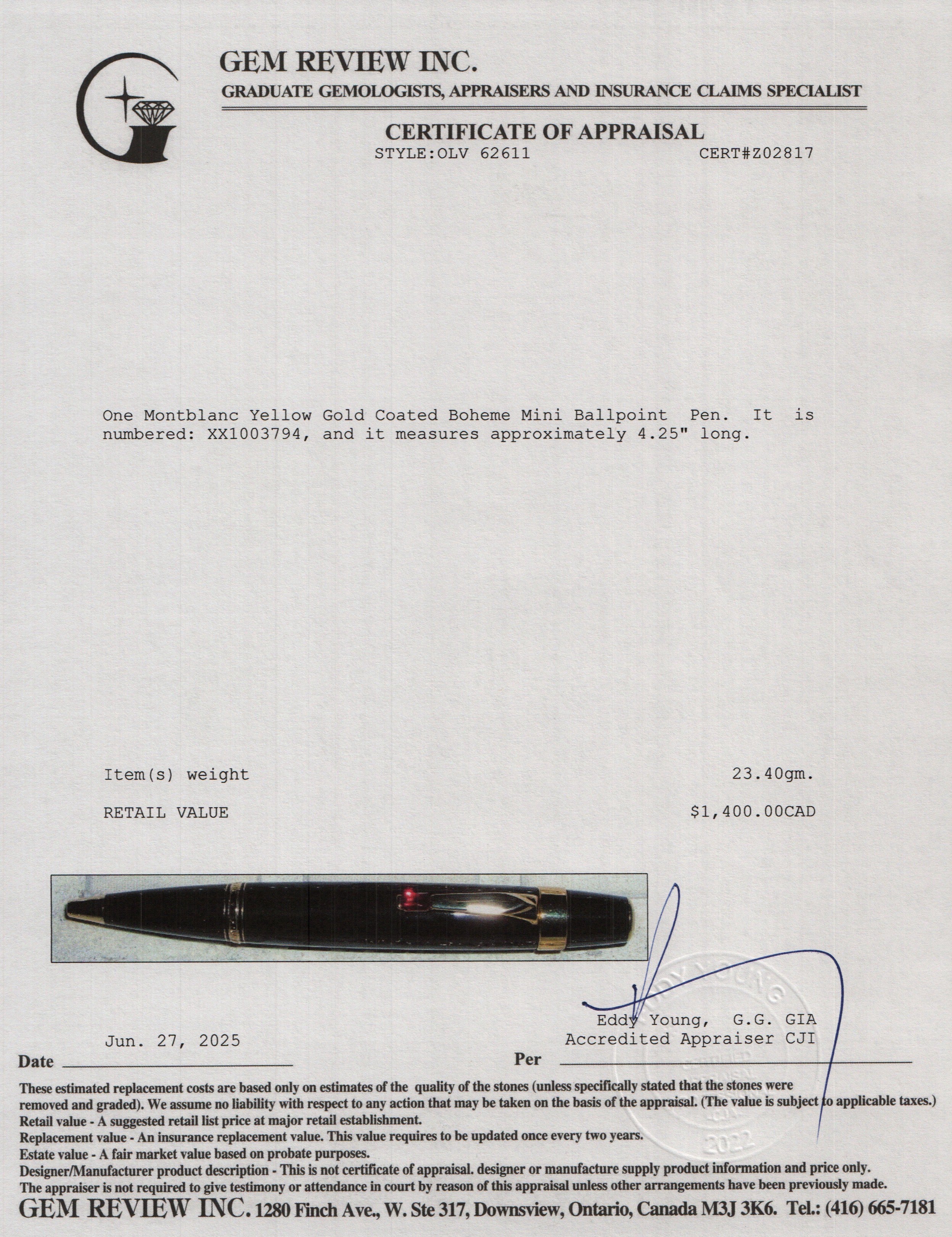 Montblanc Yellow Gold Coated Boheme Mini Ballpoint Pen w/ Box