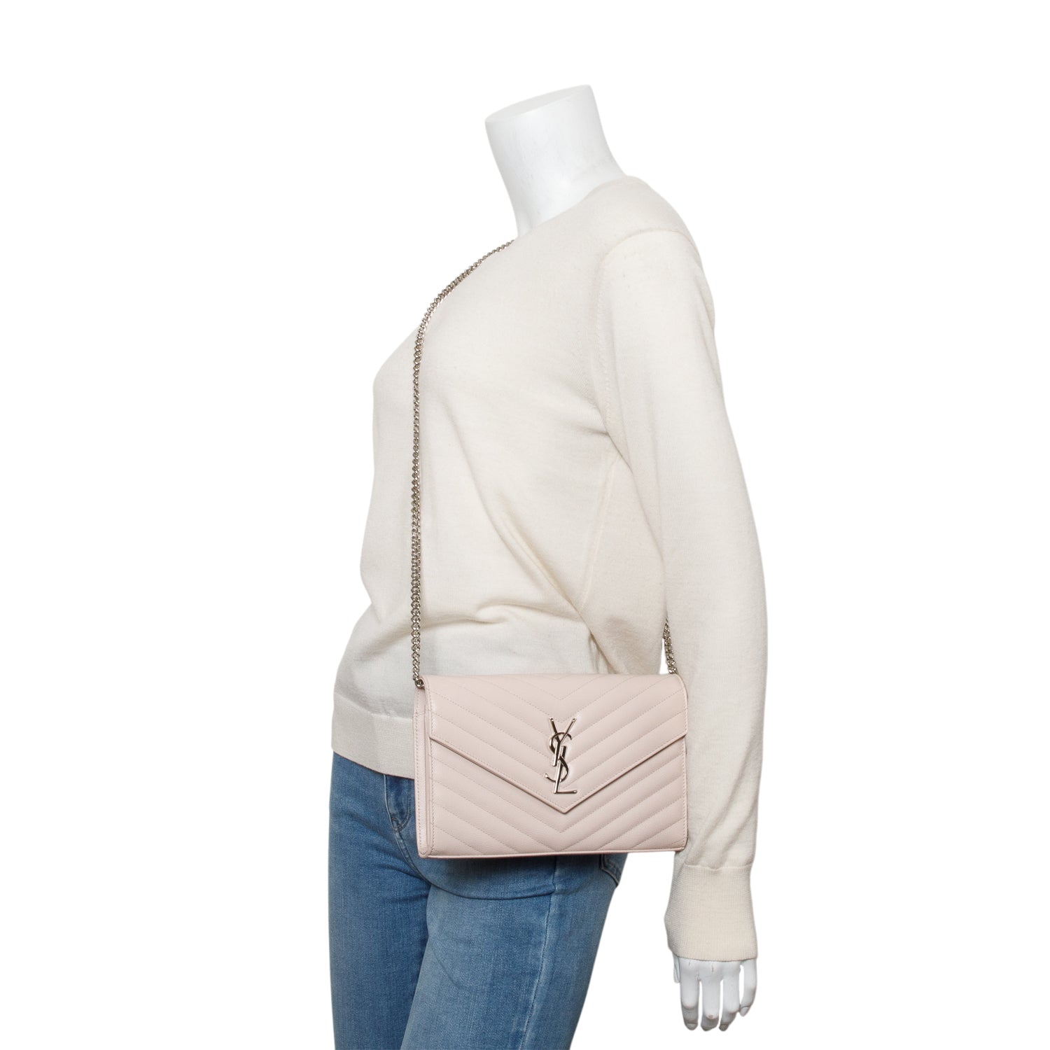 Saint Laurent Neutral Grain De Poudre Leather Classic Cassandre Envelope Chain Wallet