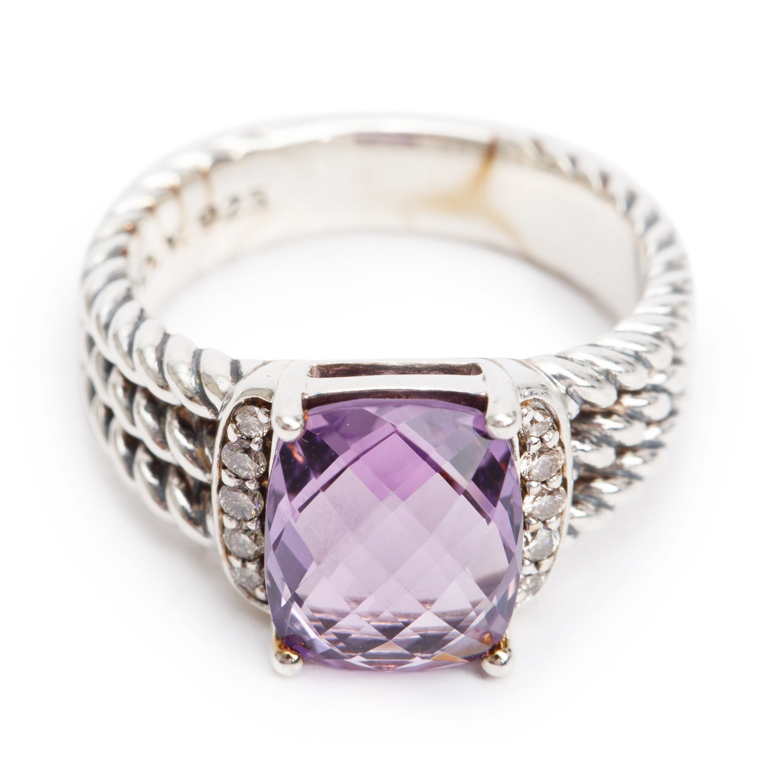 David Yurman Sterling Amethyst & Diamond Petite Wheaton Band Ring, 10 MM Size 5.75