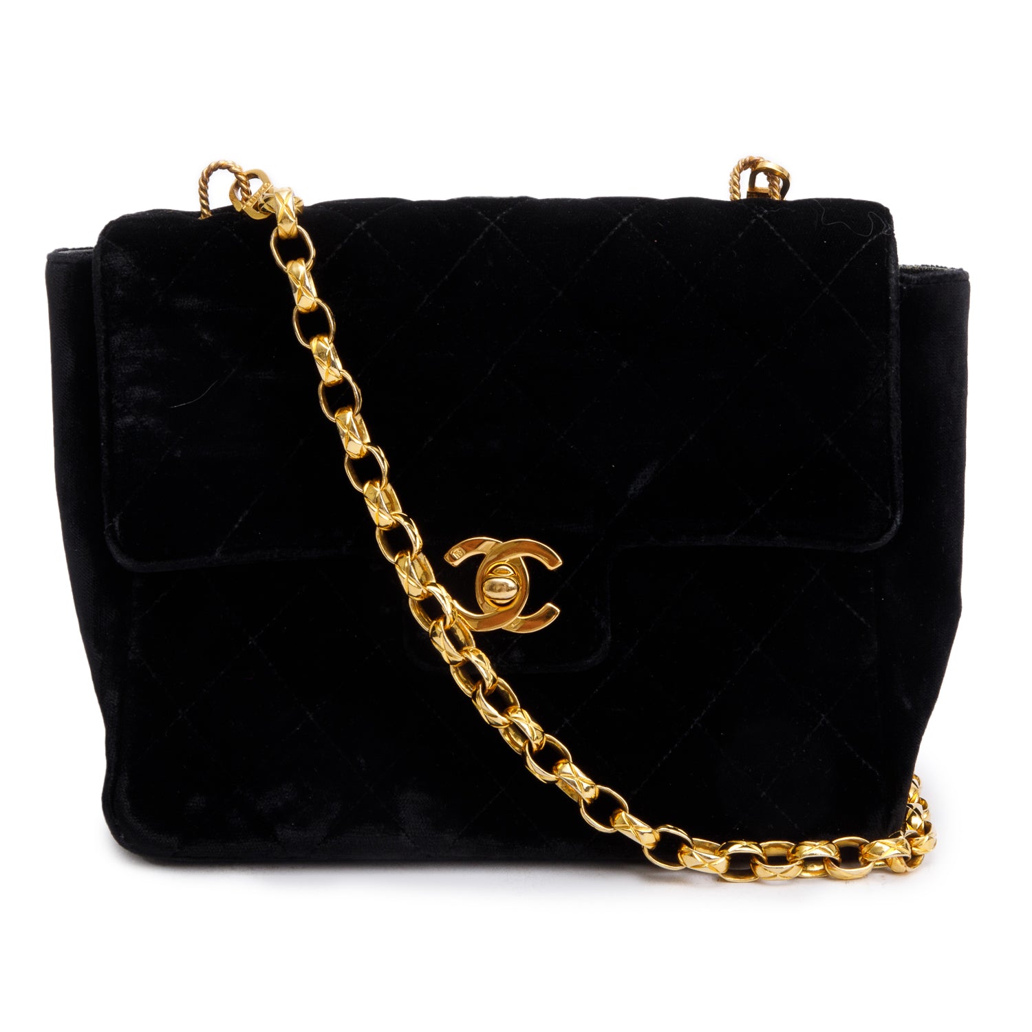 Chanel Vintage Black Quilted Velvet Small Square Single Flap Bag
