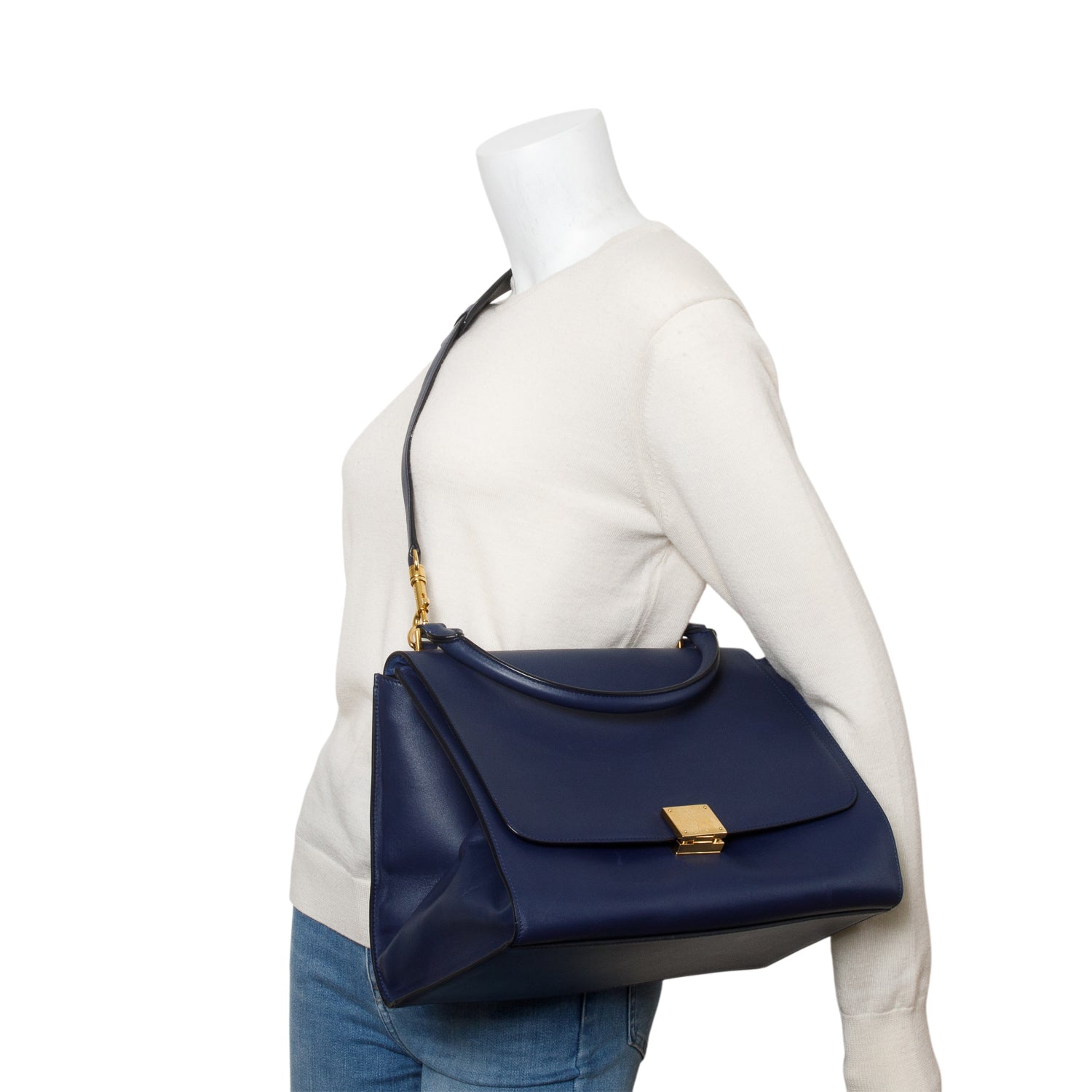 Celine Blue Calfskin Leather Medium Trapeze Bag w/ Strap