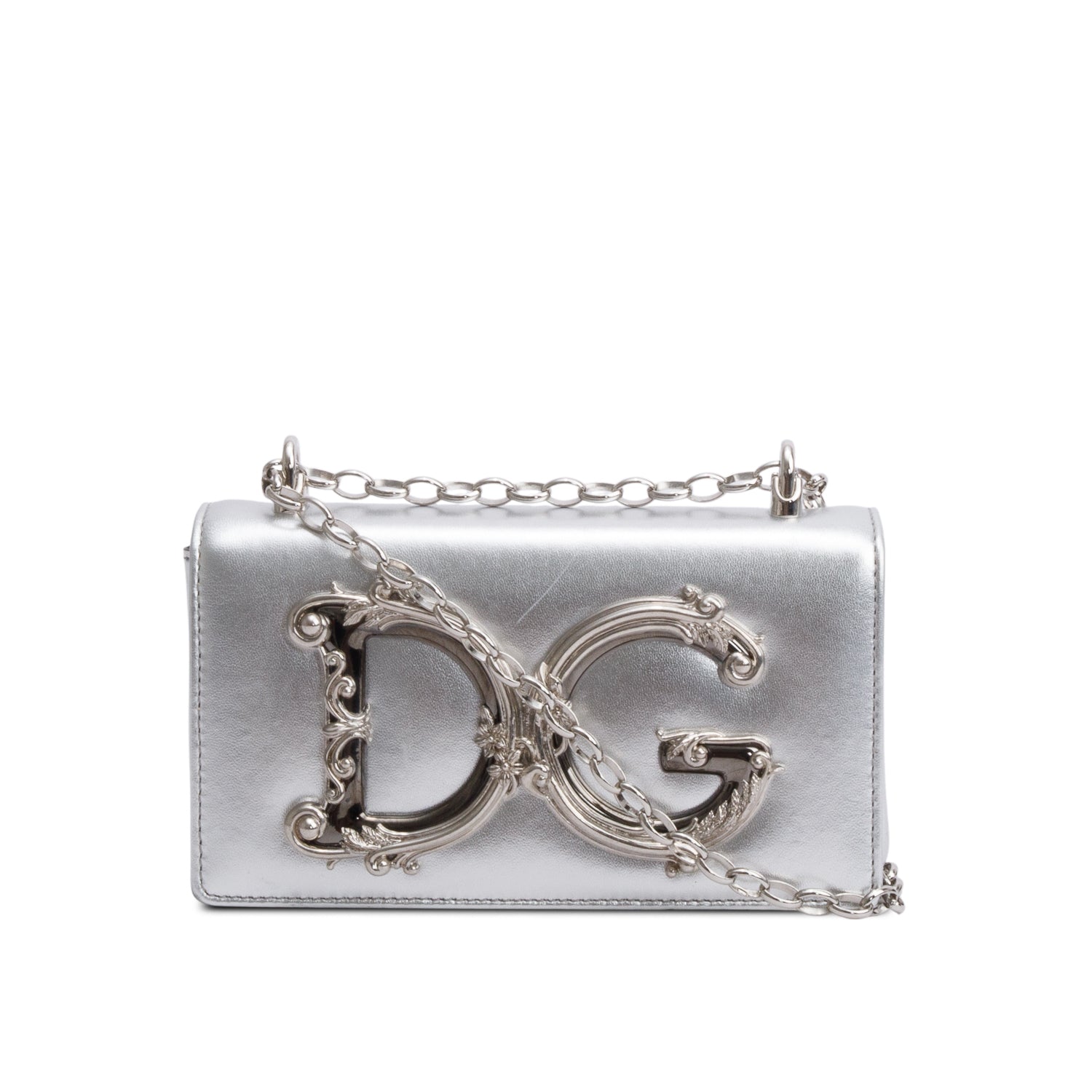 Dolce & Gabbana Metallic Silver Calfskin Leather DG Girls Phone Crossbody Bag
