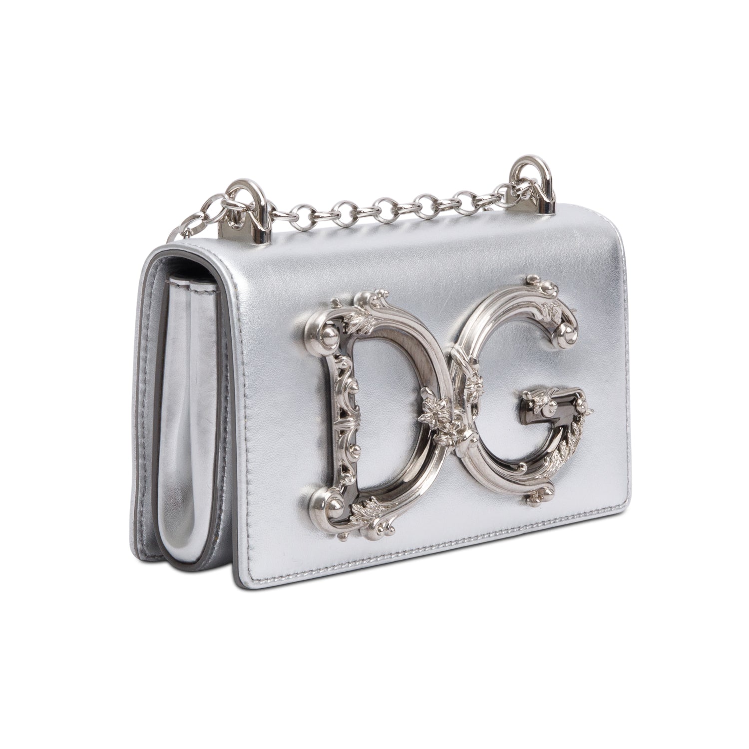 Dolce & Gabbana Metallic Silver Calfskin Leather DG Girls Phone Crossbody Bag