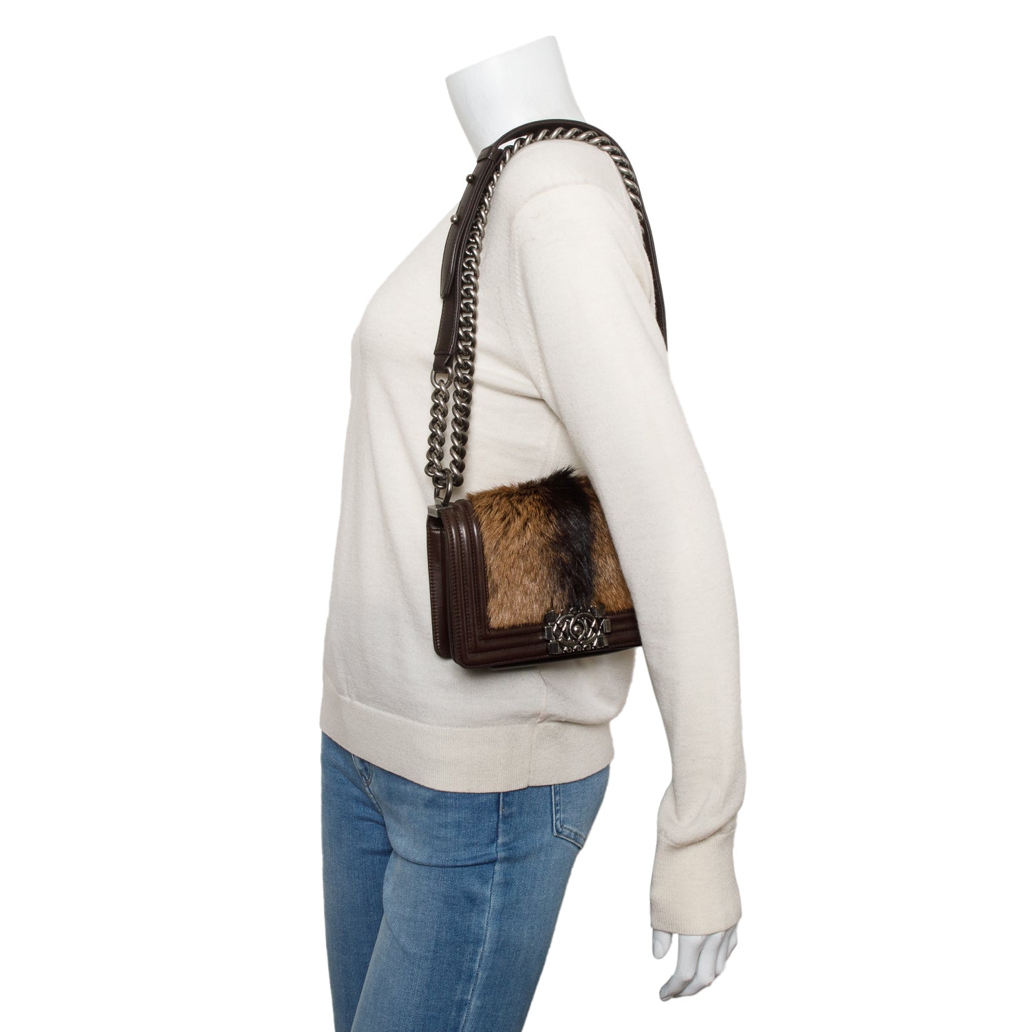Chanel Brown Lambskin Leather Ponyhair Small Boy Bag w/ Authenticity Card