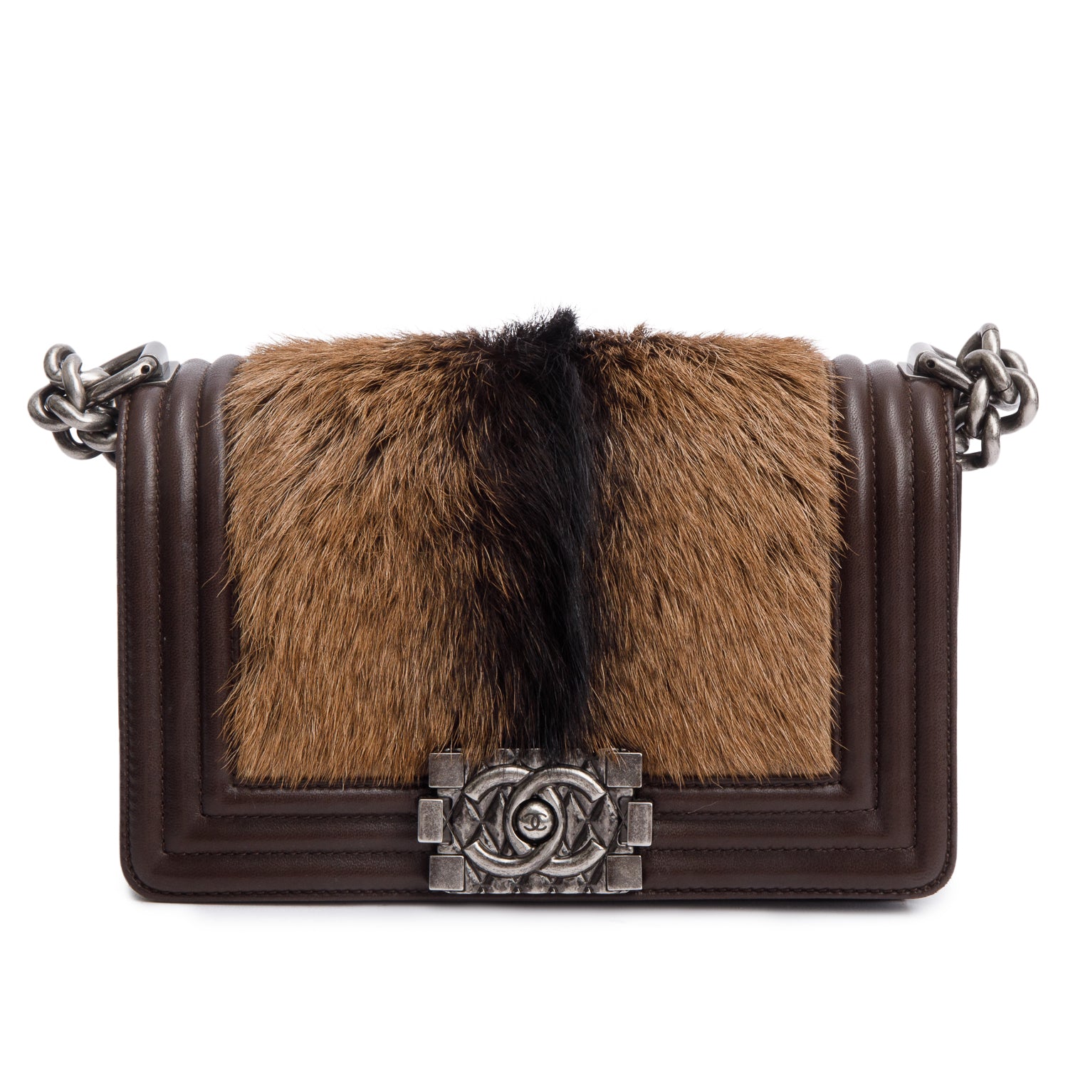 Chanel Brown Lambskin Leather Ponyhair Small Boy Bag w/ Authenticity Card