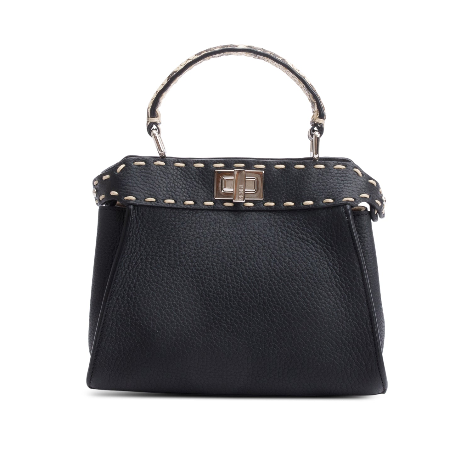 Fendi 2022 Black Calfskin Leather Python Trim Mini Selleria Peekaboo Bag w/ Straps