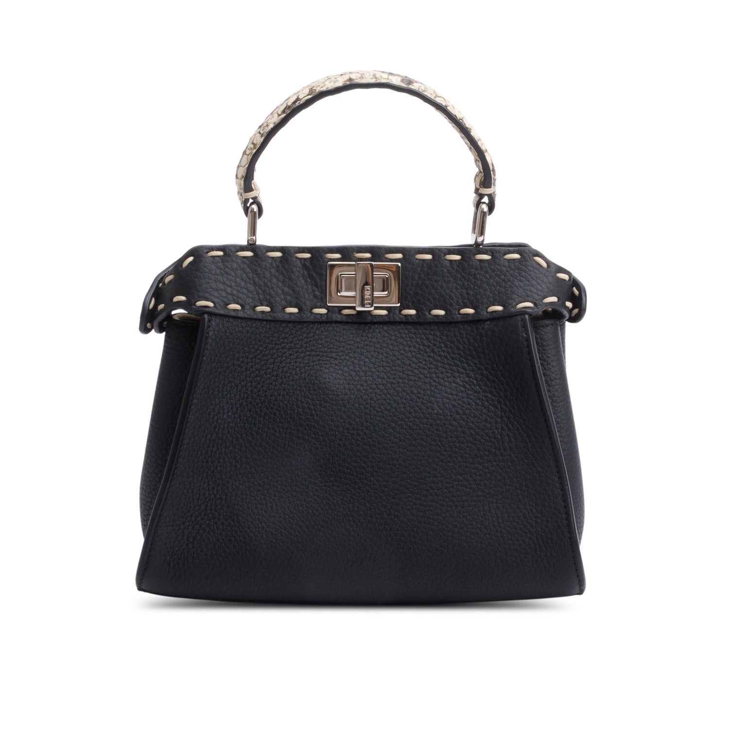 Fendi 2022 Black Calfskin Leather Python Trim Mini Selleria Peekaboo Bag w/ Straps