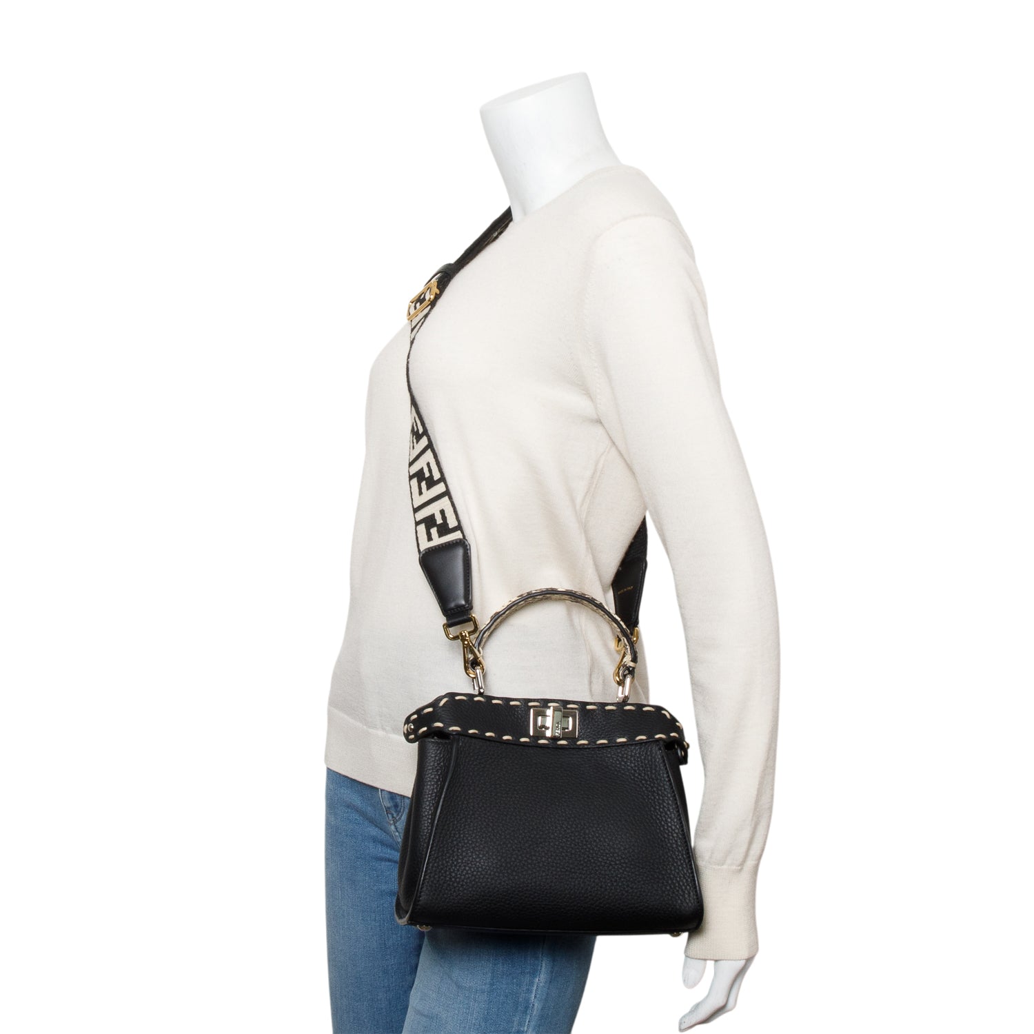 Fendi 2022 Black Calfskin Leather Python Trim Mini Selleria Peekaboo Bag w/ Straps