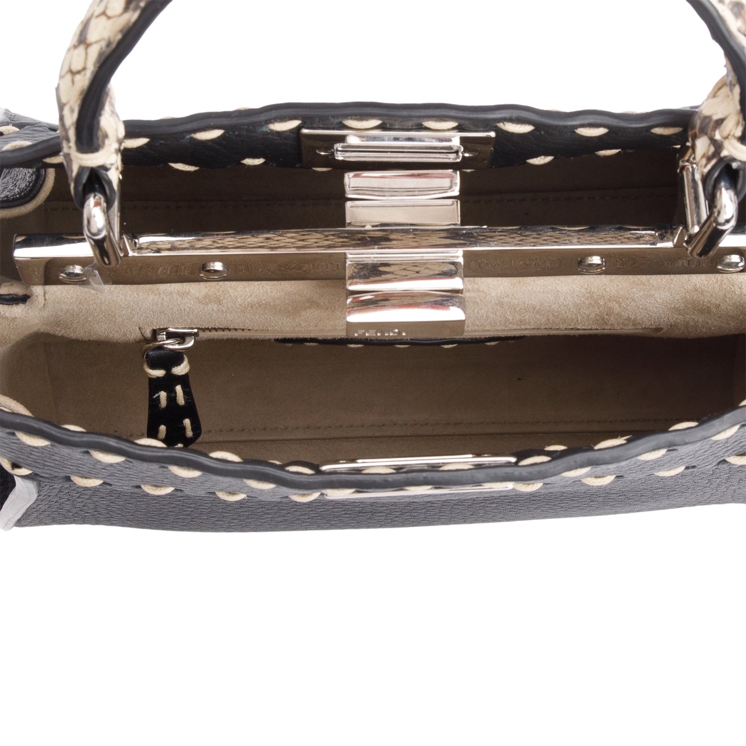 Fendi 2022 Black Calfskin Leather Python Trim Mini Selleria Peekaboo Bag w/ Straps