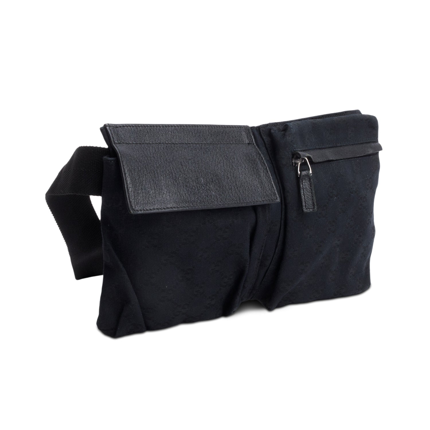 Gucci Black GG Canvas Leather Trim Double Pocket Belt Bag