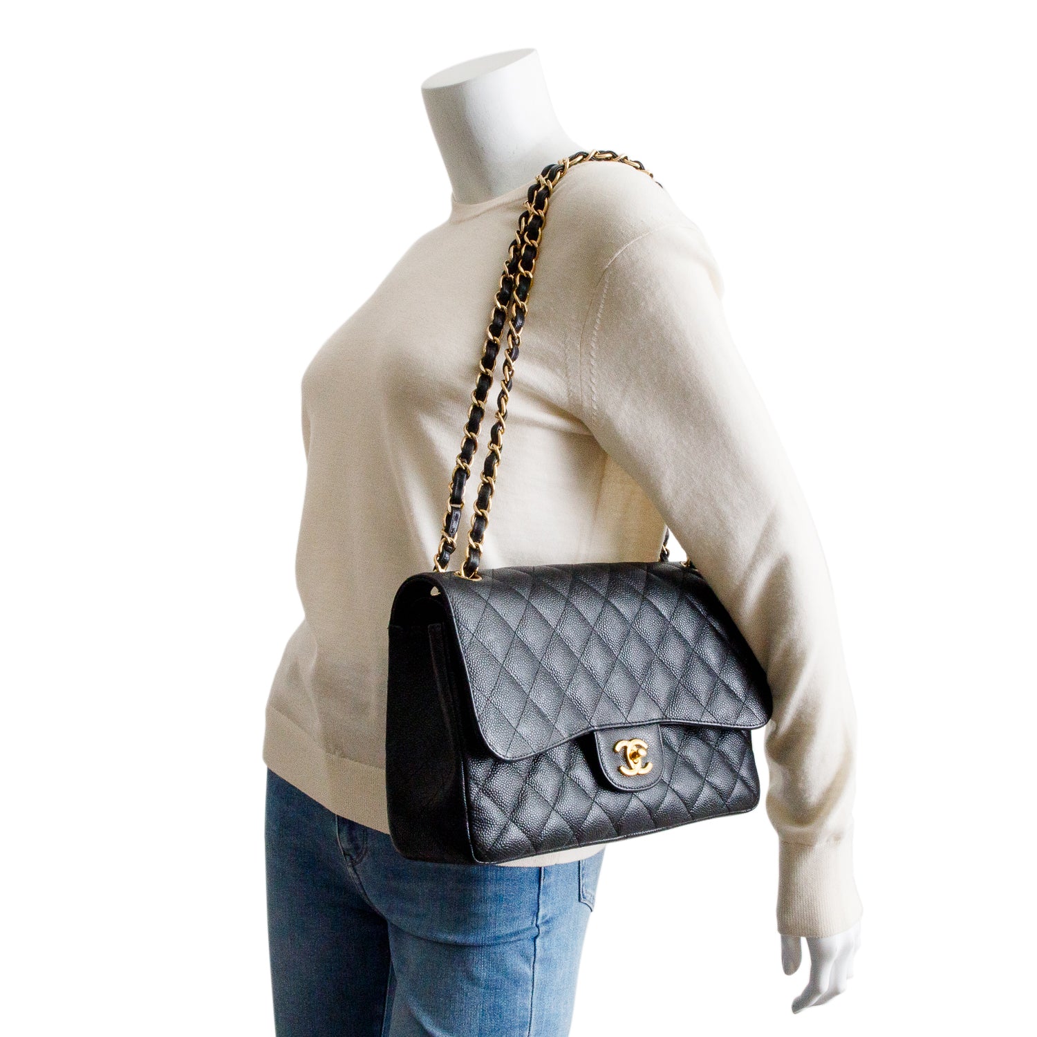 Chanel Black Quilted Caviar Leather Classic Jumbo Double Flap Bag w/ Box & Authenticity Card