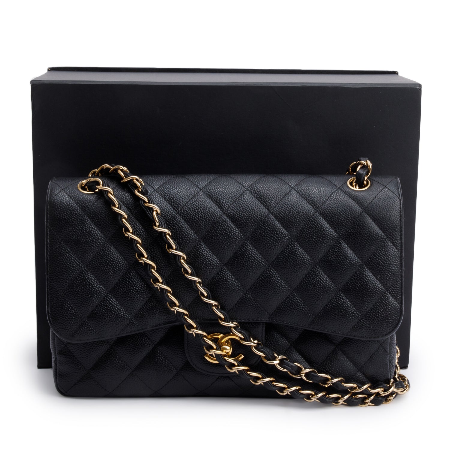 Chanel Black Quilted Caviar Leather Classic Jumbo Double Flap Bag w/ Box & Authenticity Card