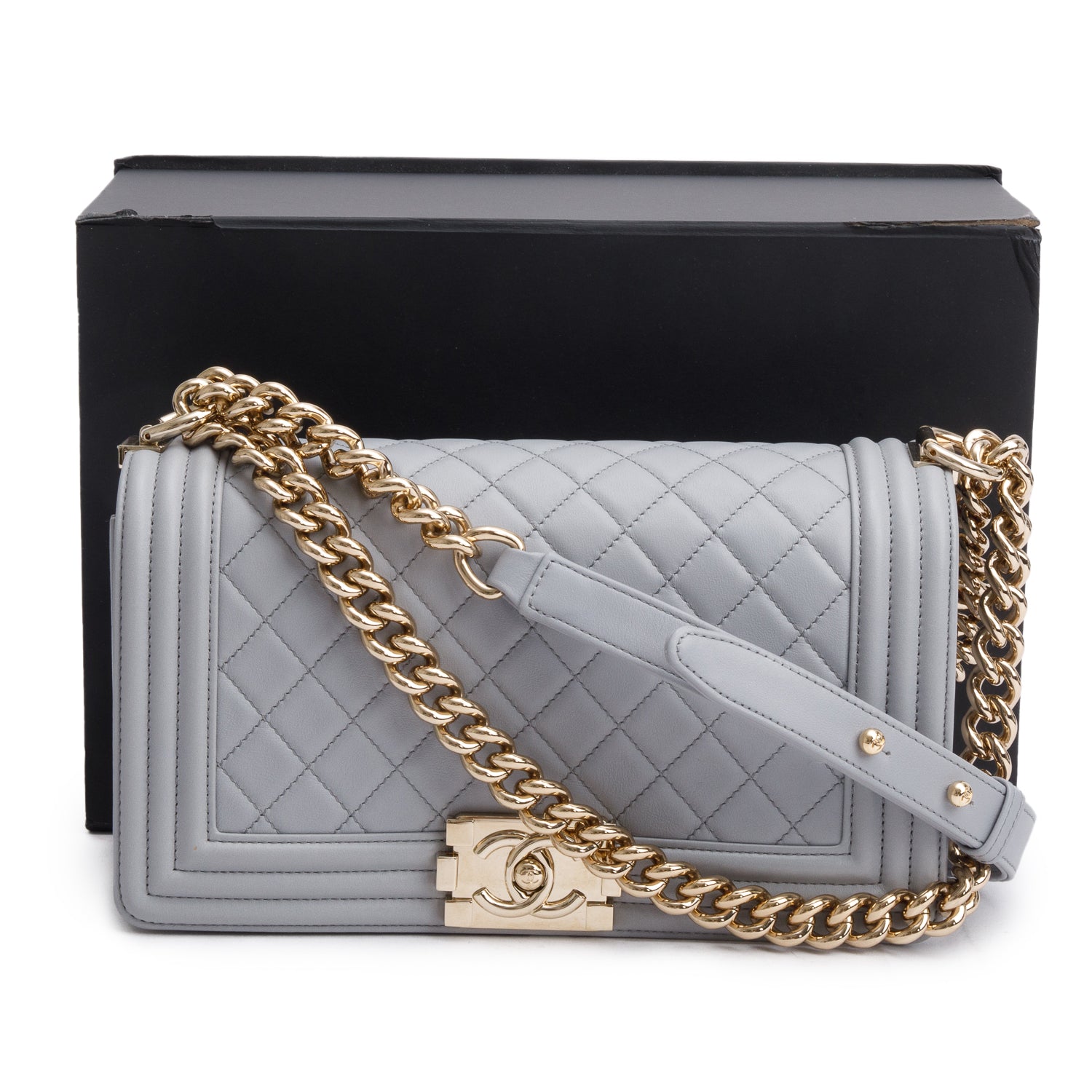 Chanel Grey Quilted Calfskin Leather Medium Boy Bag w/ Box & Authenticity Card